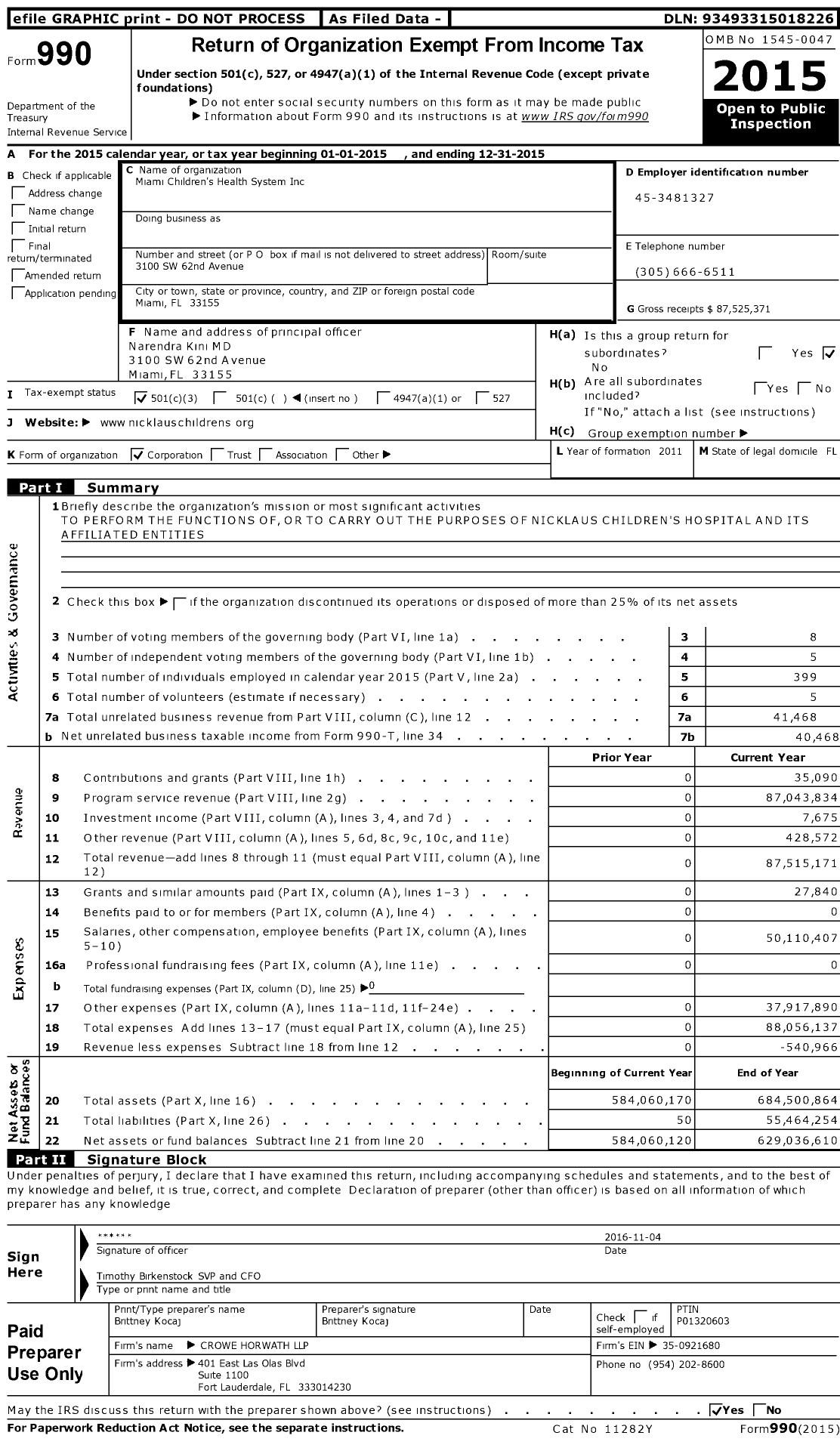 Image of first page of 2015 Form 990 for Nicklaus Childrens Health System