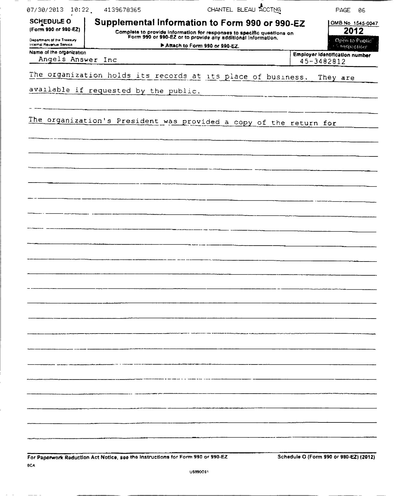 Image of first page of 2012 Form 990R for Angels Answer