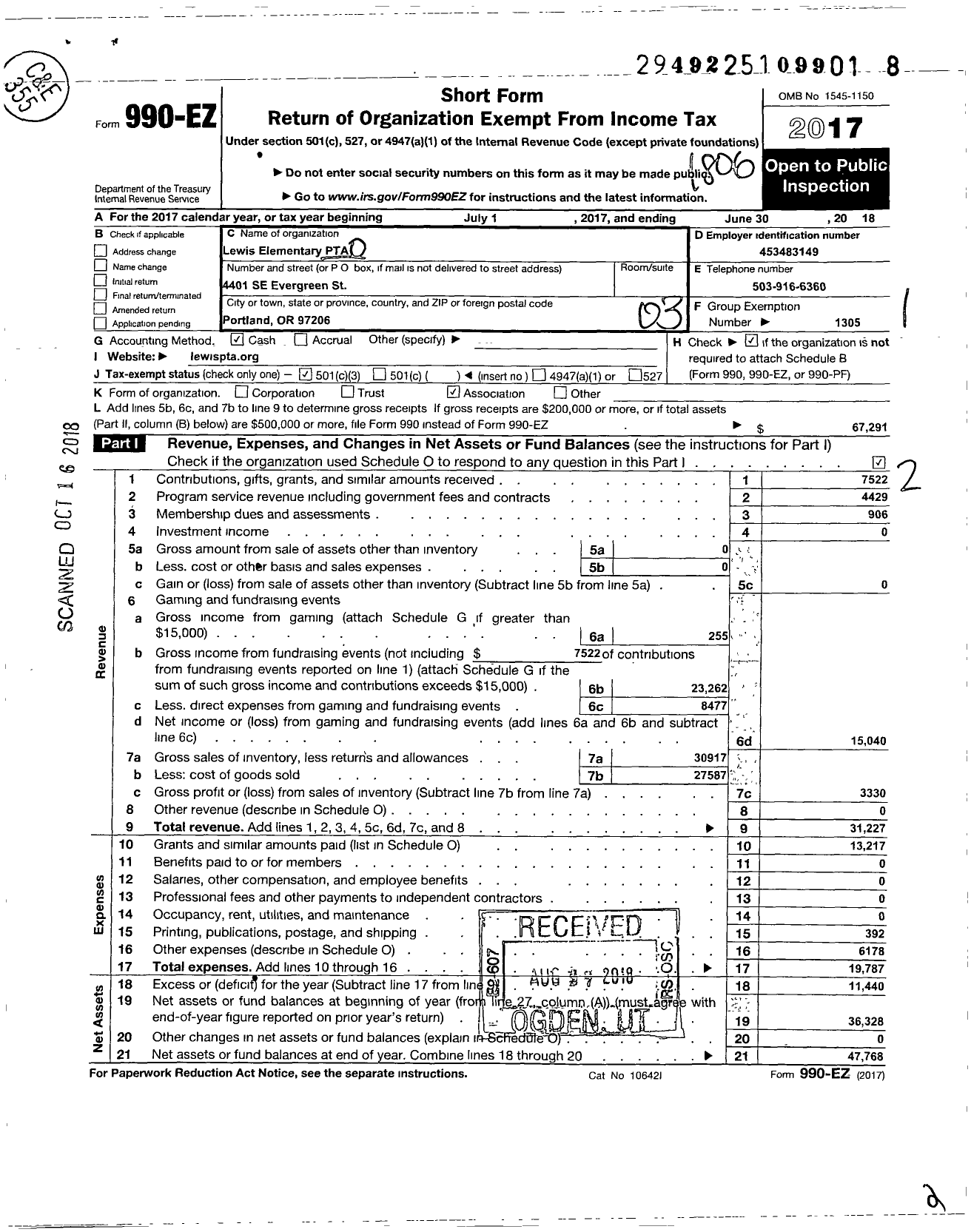 Image of first page of 2017 Form 990EZ for Lewis Elementary PTA