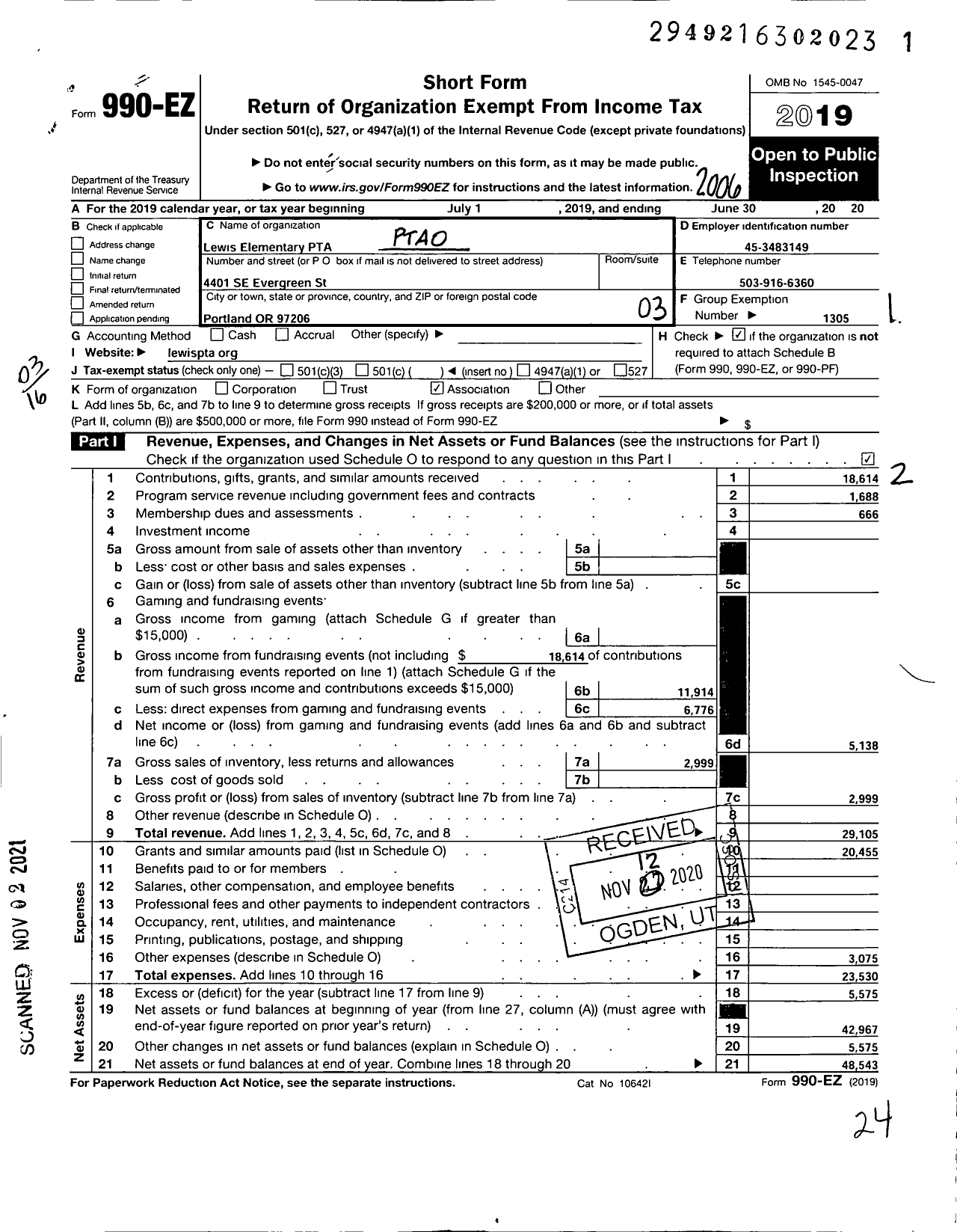 Image of first page of 2019 Form 990EZ for Lewis Elementary PTA