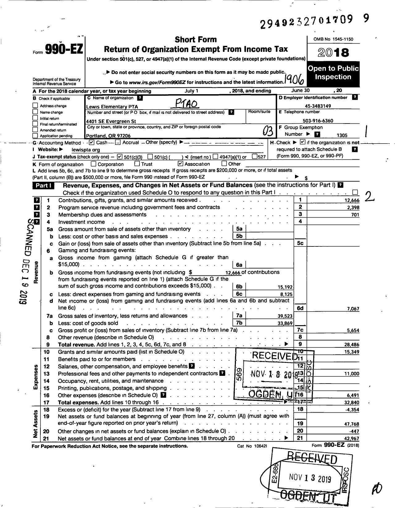 Image of first page of 2018 Form 990EZ for Lewis Elementary PTA