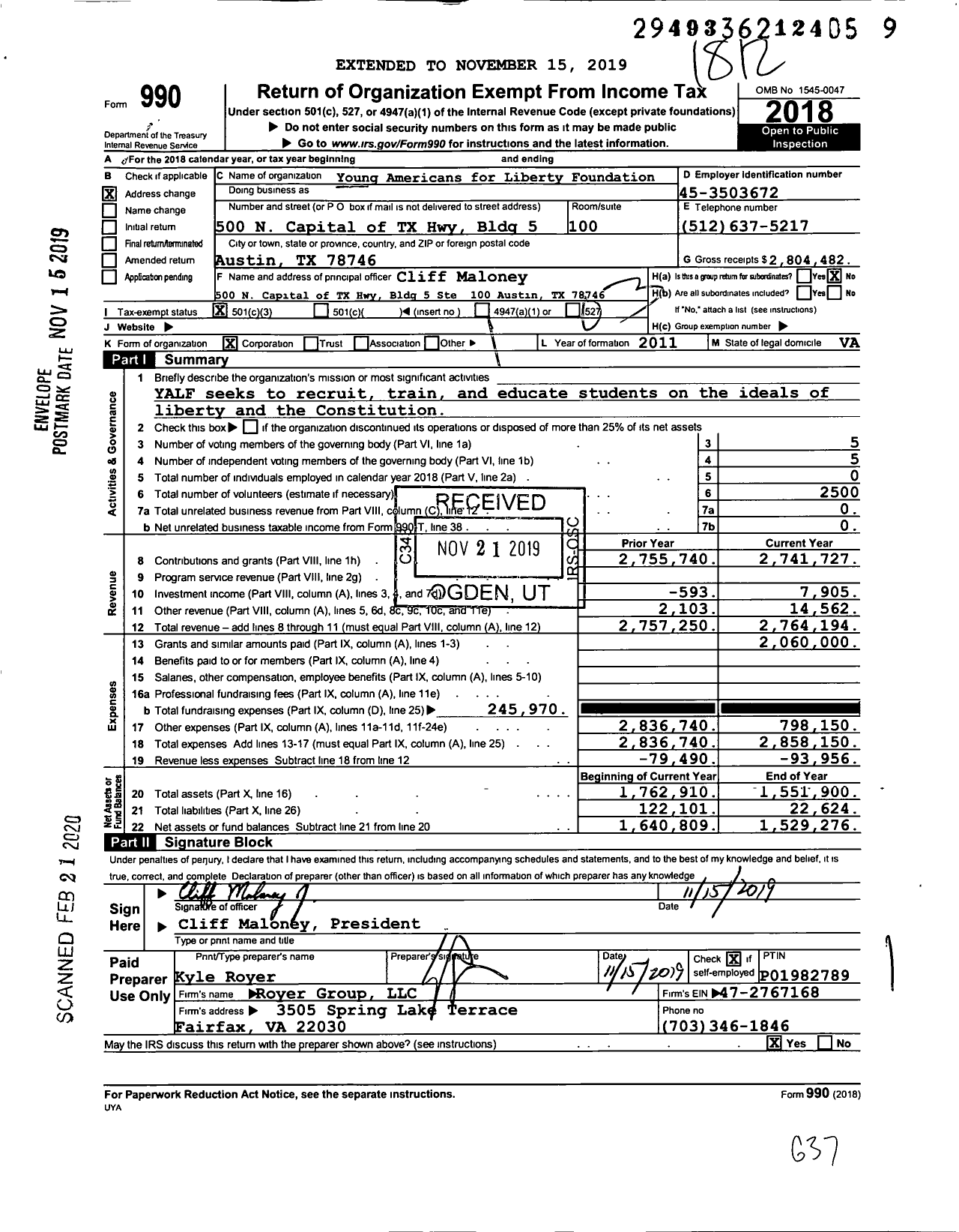 Image of first page of 2018 Form 990 for Young Americans for Liberty Foundation (YALF)