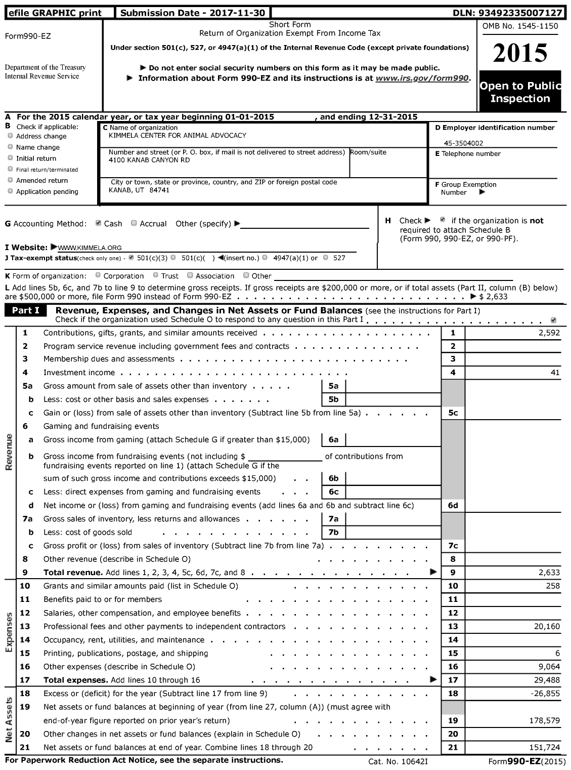 Image of first page of 2015 Form 990EZ for Kimmela Center for Animal Advocacy