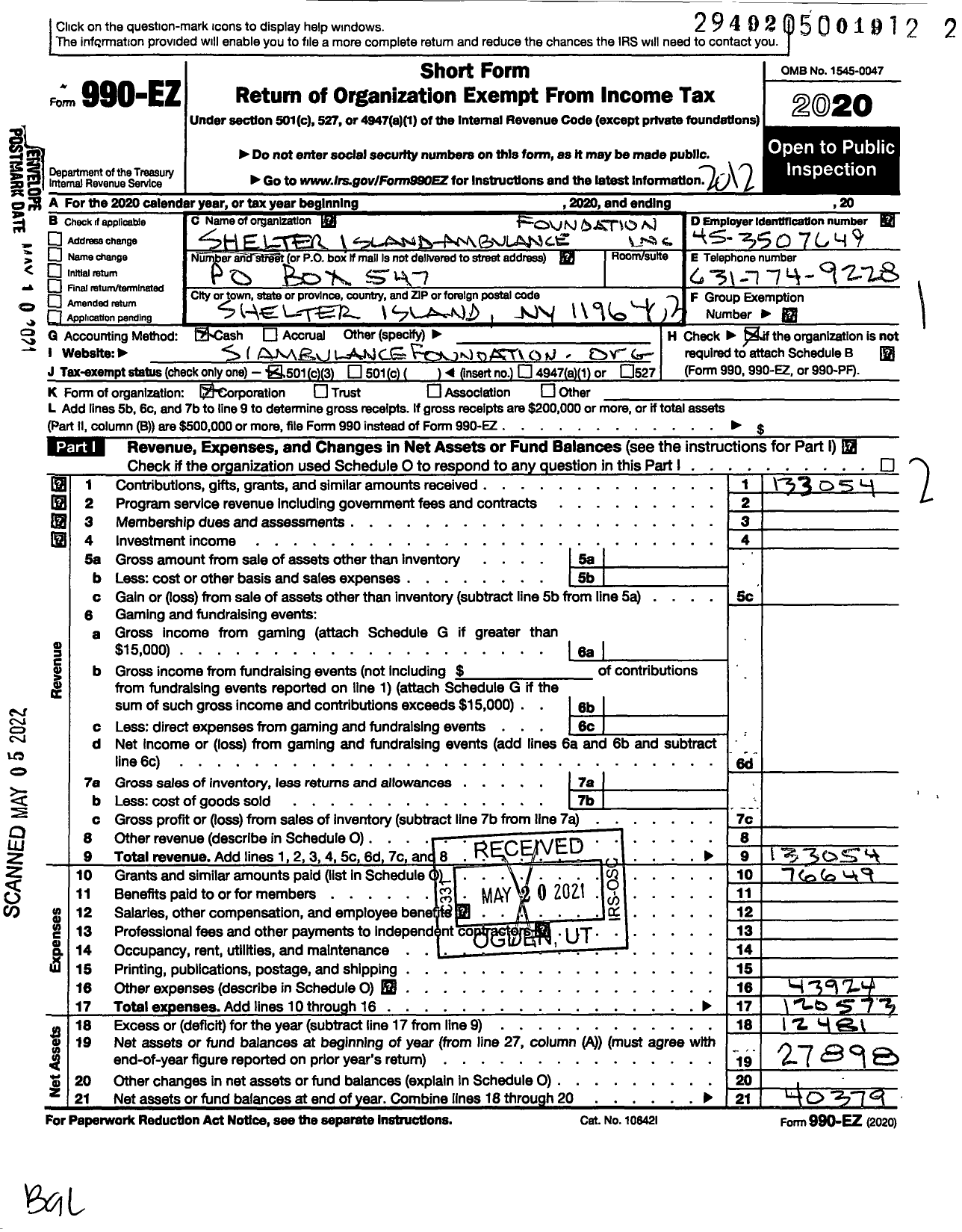 Image of first page of 2020 Form 990EZ for Shelter Island Ambulance Foundation