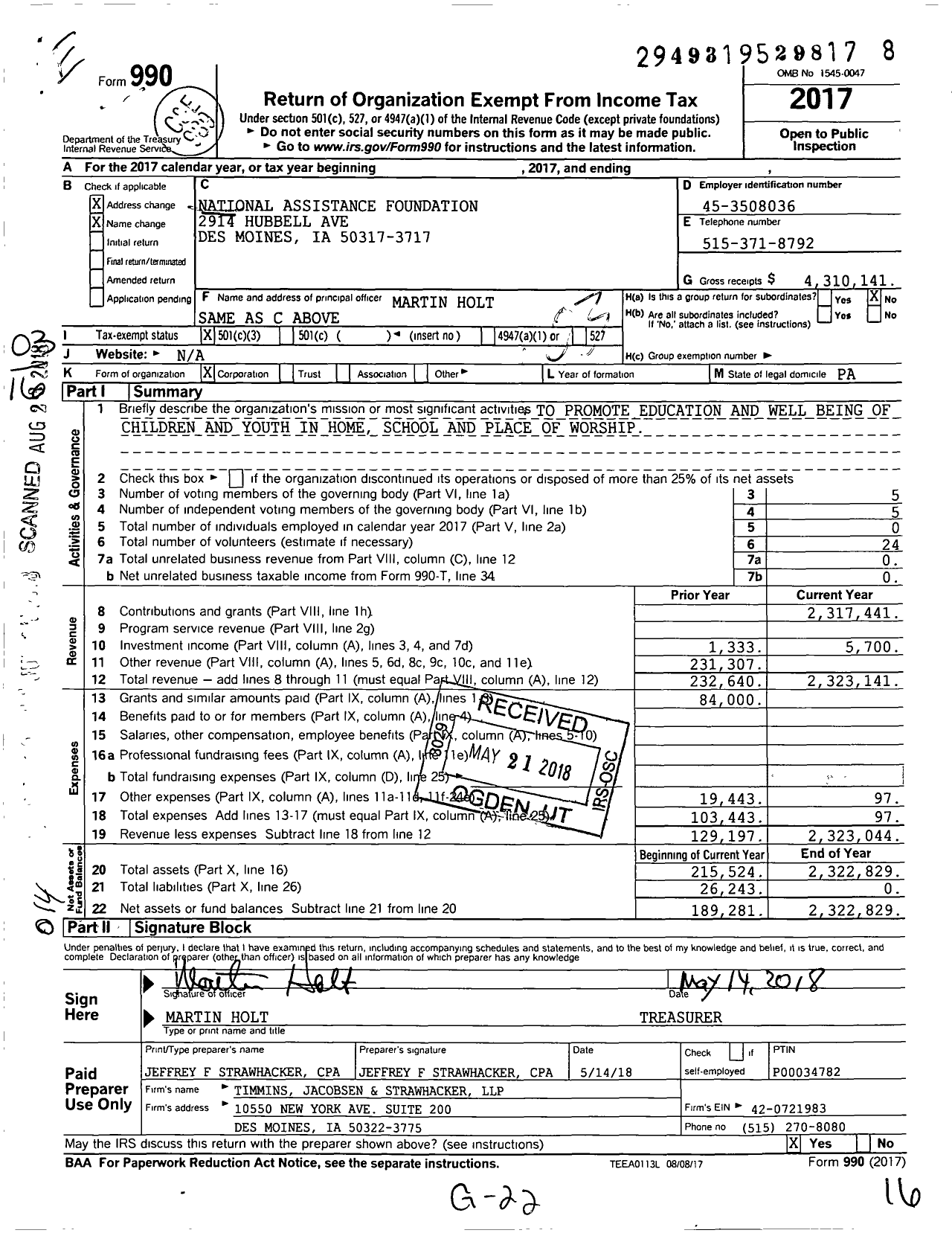 Image of first page of 2017 Form 990 for National Assistance Foundation