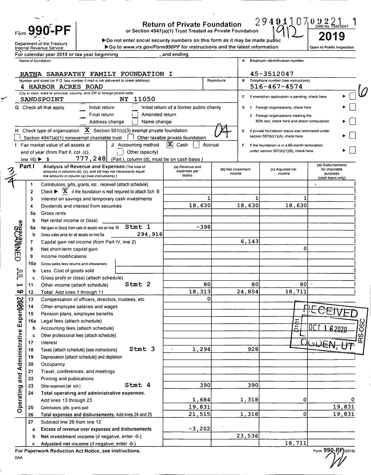 Image of first page of 2019 Form 990PF for Ratna Sabapathy Family Foundation I