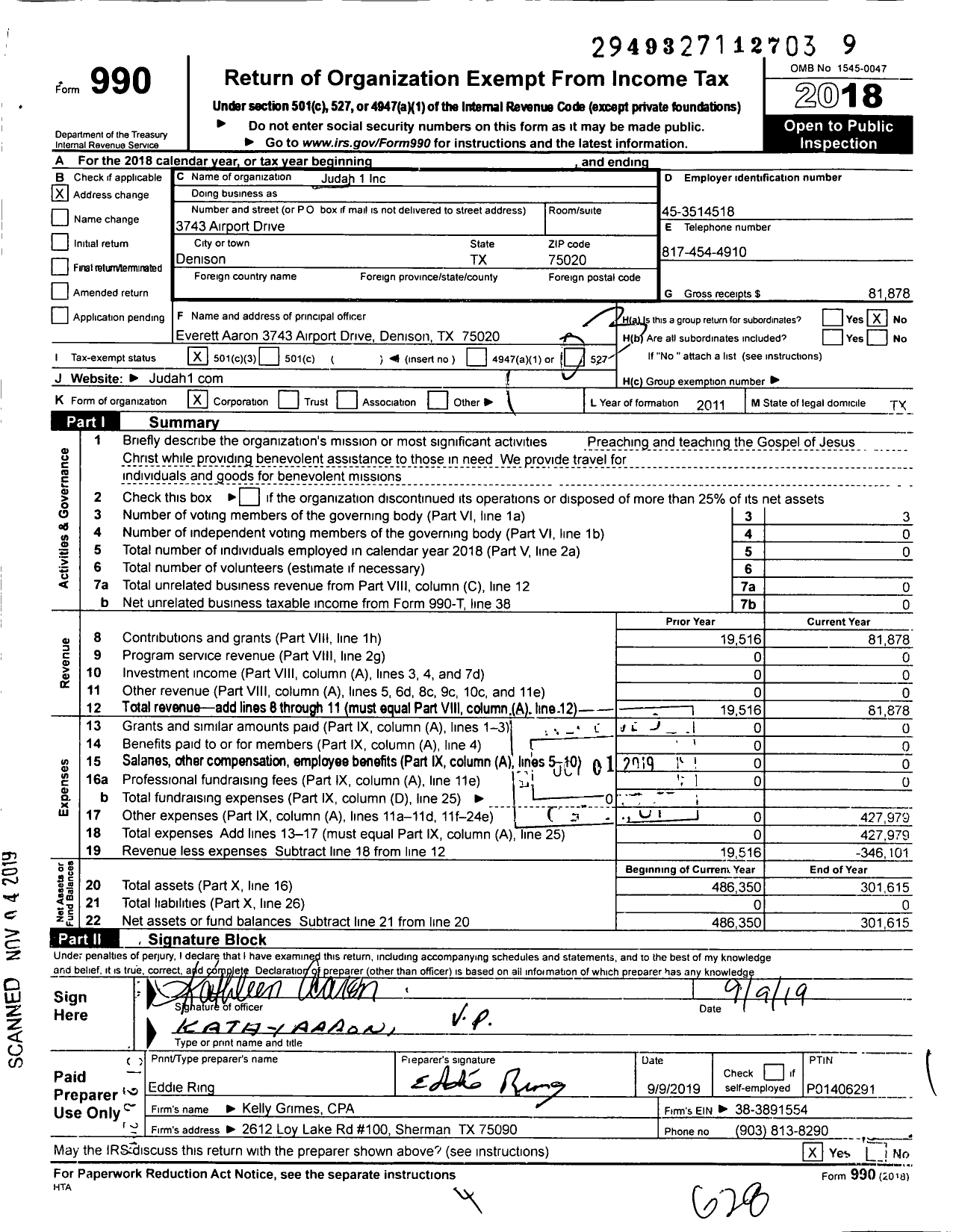 Image of first page of 2018 Form 990 for Judah 1