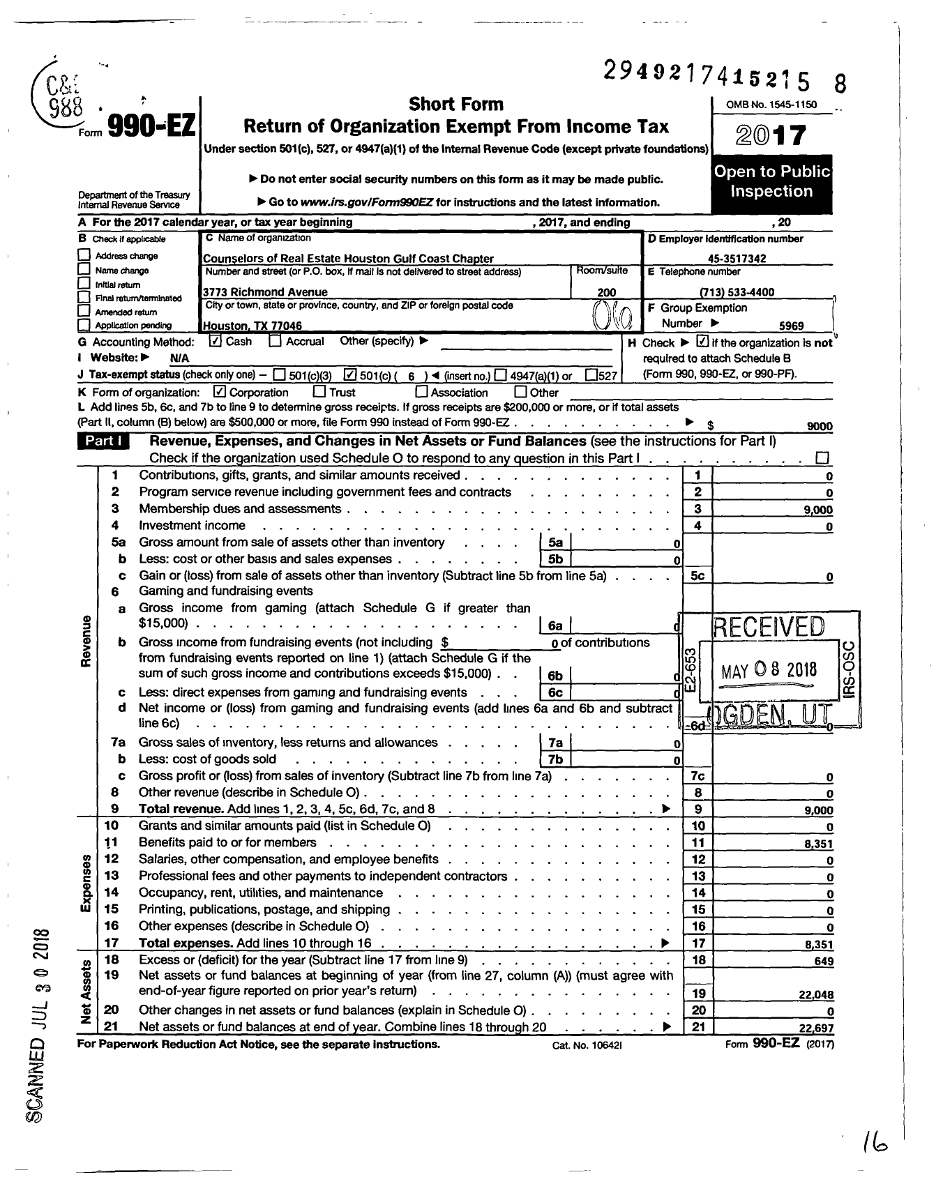 Image of first page of 2017 Form 990EO for Counselors of Real Estate / Houston Gulf Coast Chapter