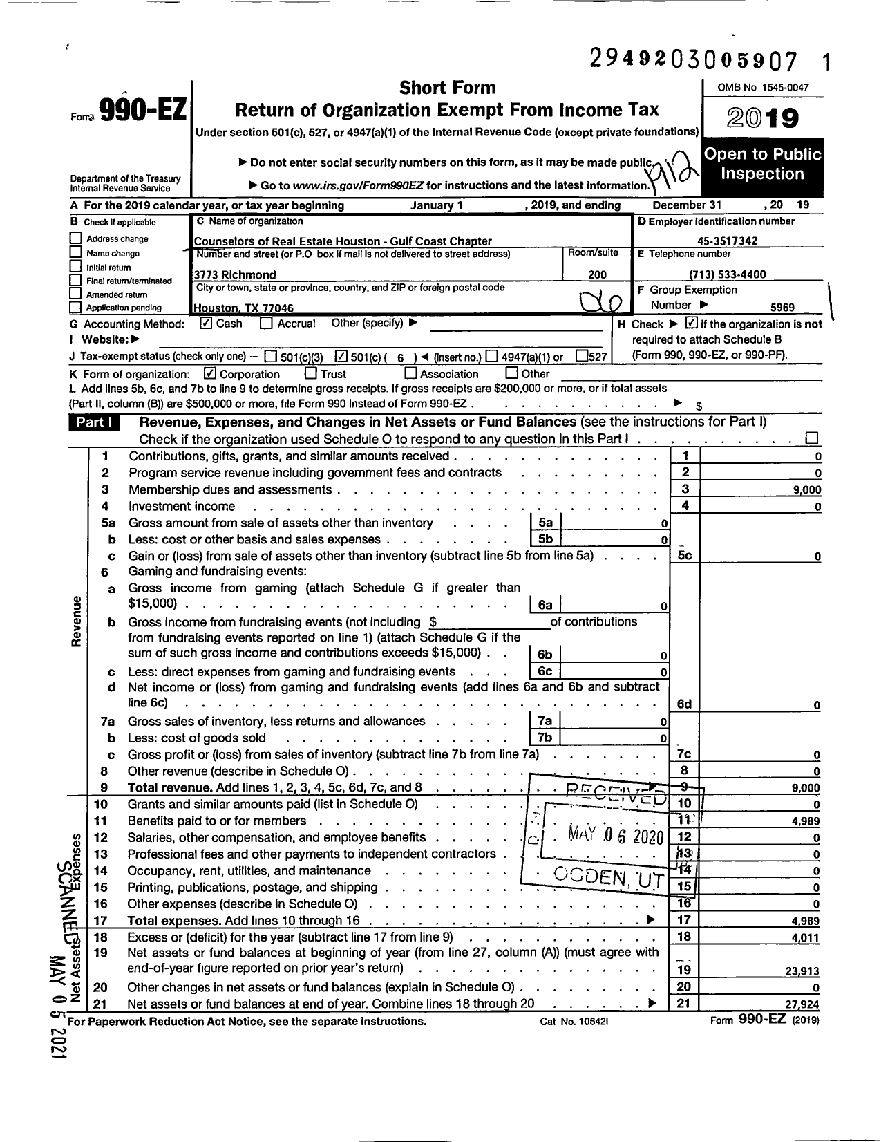 Image of first page of 2019 Form 990EO for Counselors of Real Estate / Houston Gulf Coast Chapter