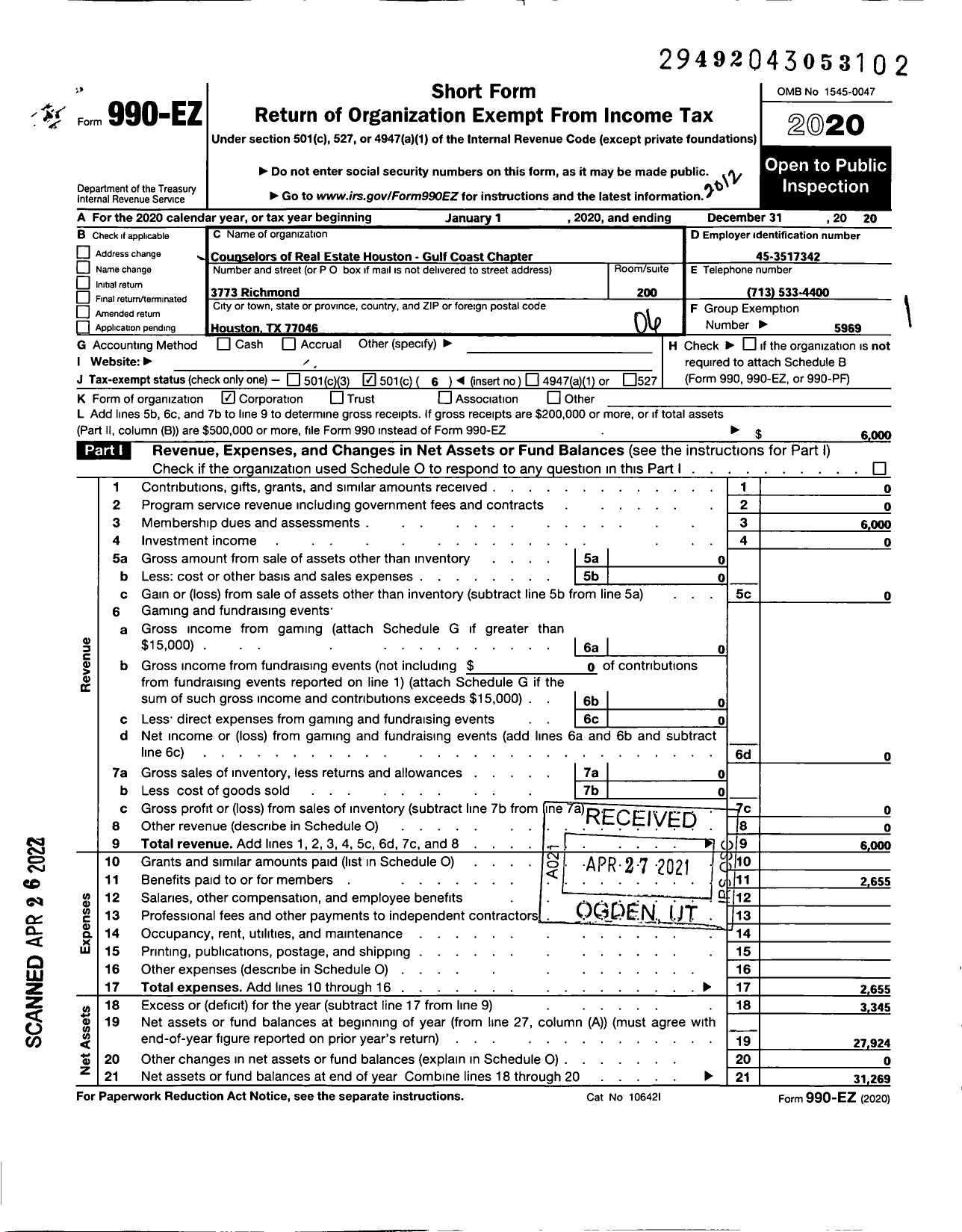 Image of first page of 2020 Form 990EO for Counselors of Real Estate / Houston Gulf Coast Chapter