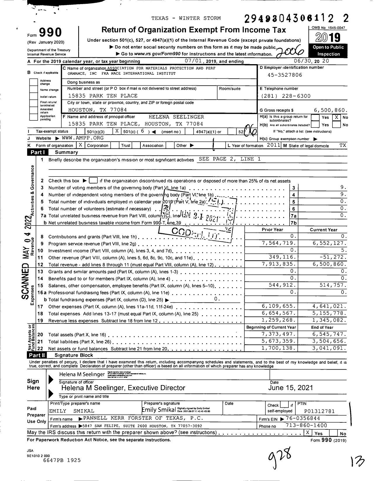 Image of first page of 2019 Form 990O for Association for Materials Protection and Performance Ormance