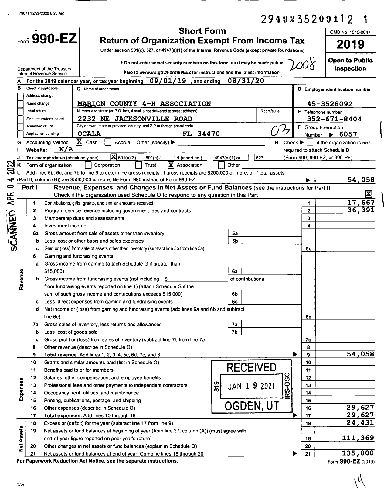 Image of first page of 2019 Form 990EZ for Marion County 4-H Association