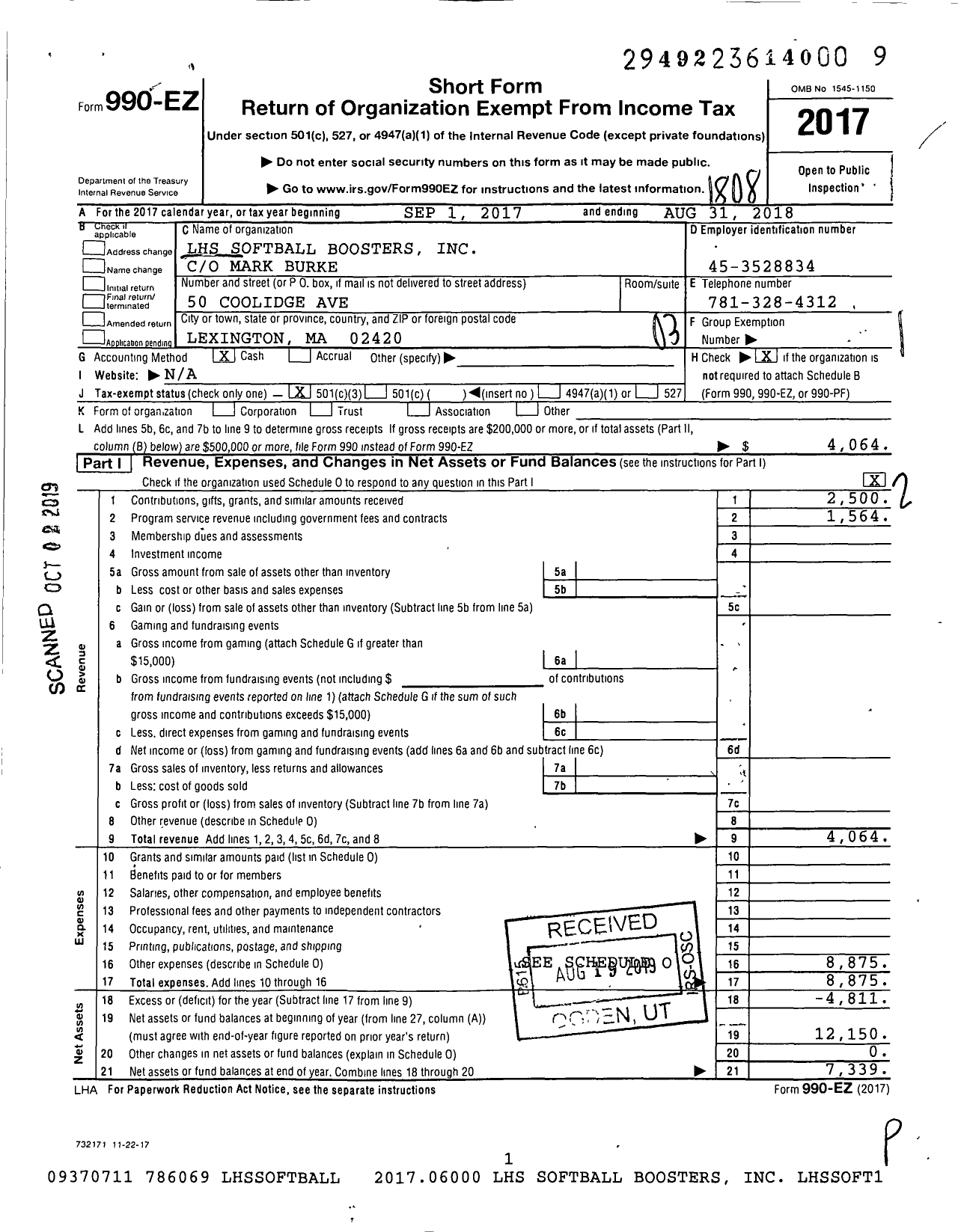 Image of first page of 2017 Form 990EZ for LHS Softball Boosters