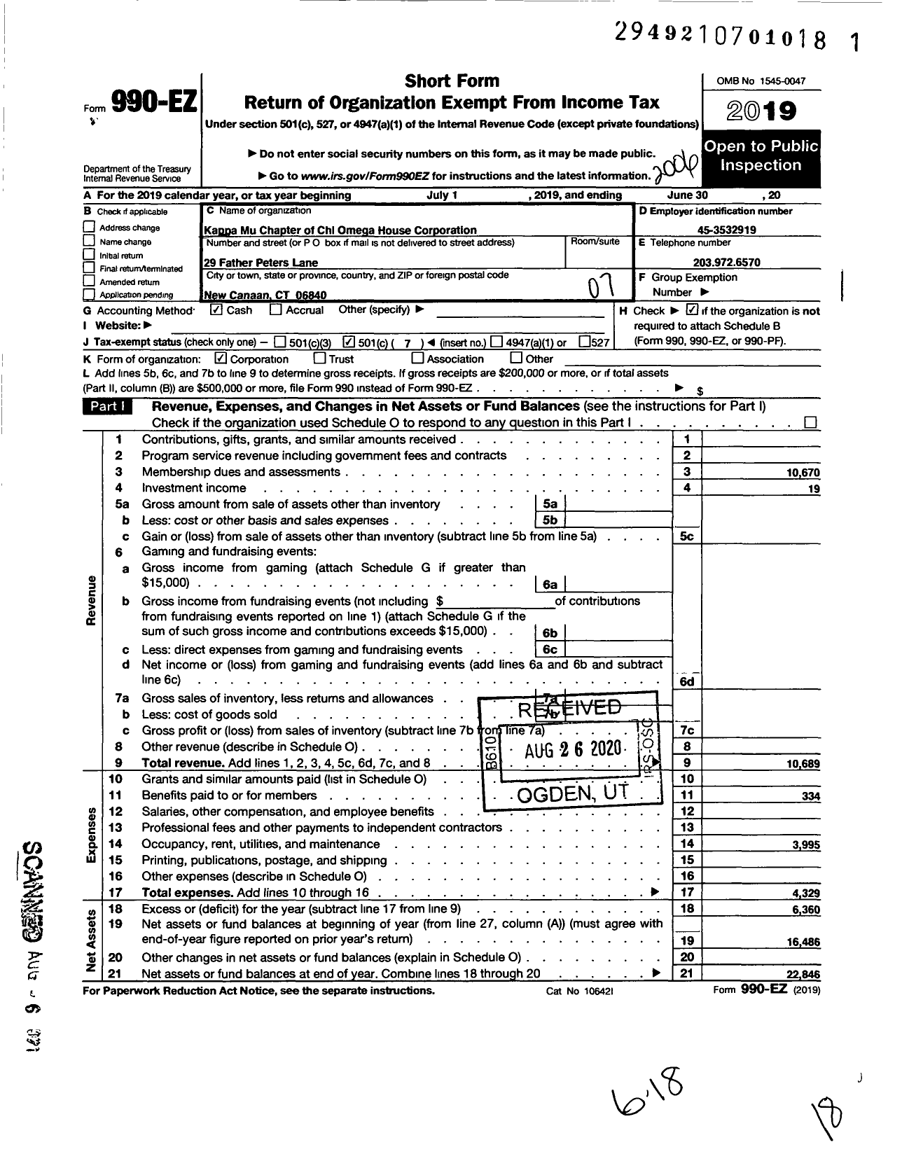 Image of first page of 2019 Form 990EO for Kappa Mu Chapter of Chi Omega House Corporation Board