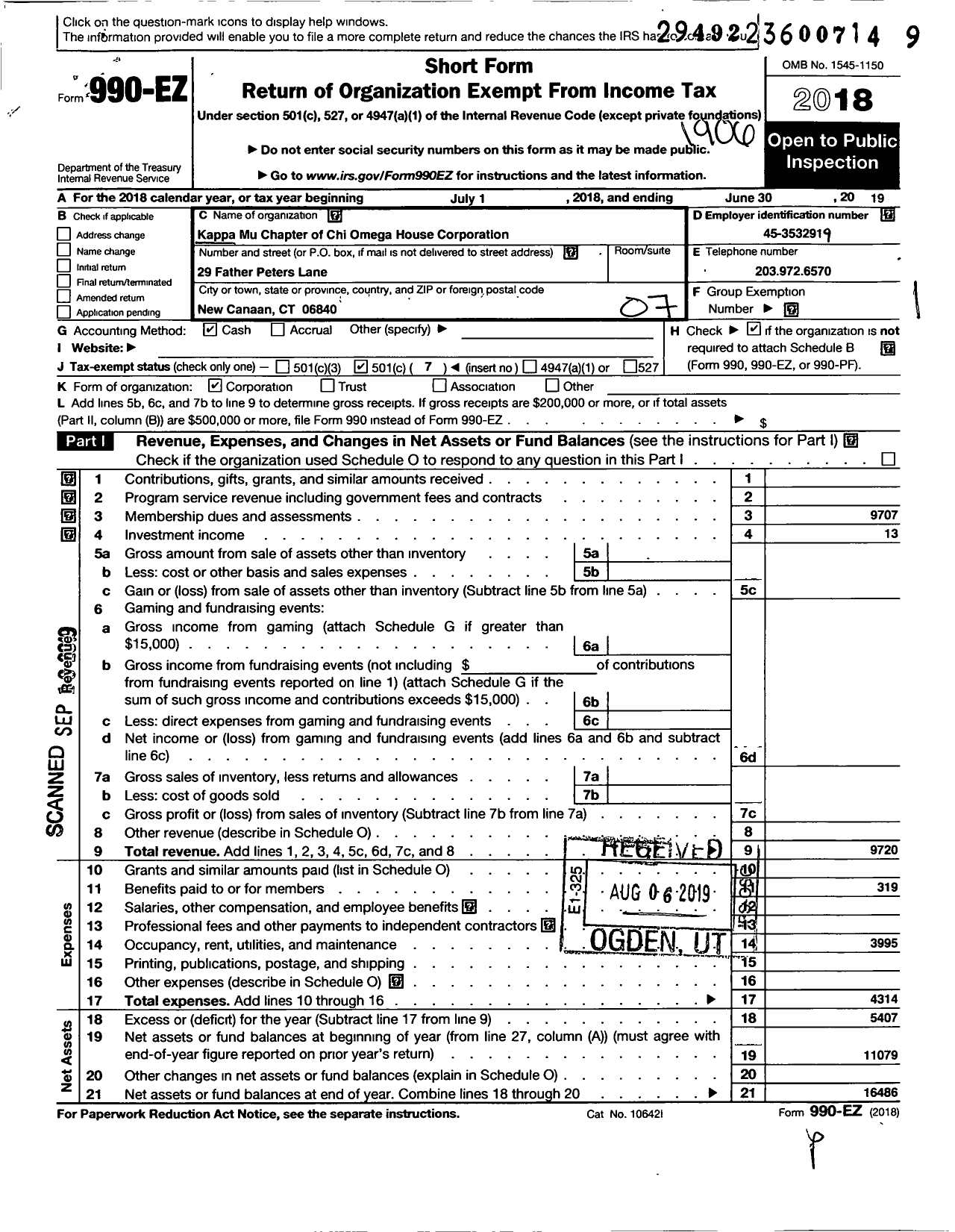 Image of first page of 2018 Form 990EO for Kappa Mu Chapter of Chi Omega House Corporation Board