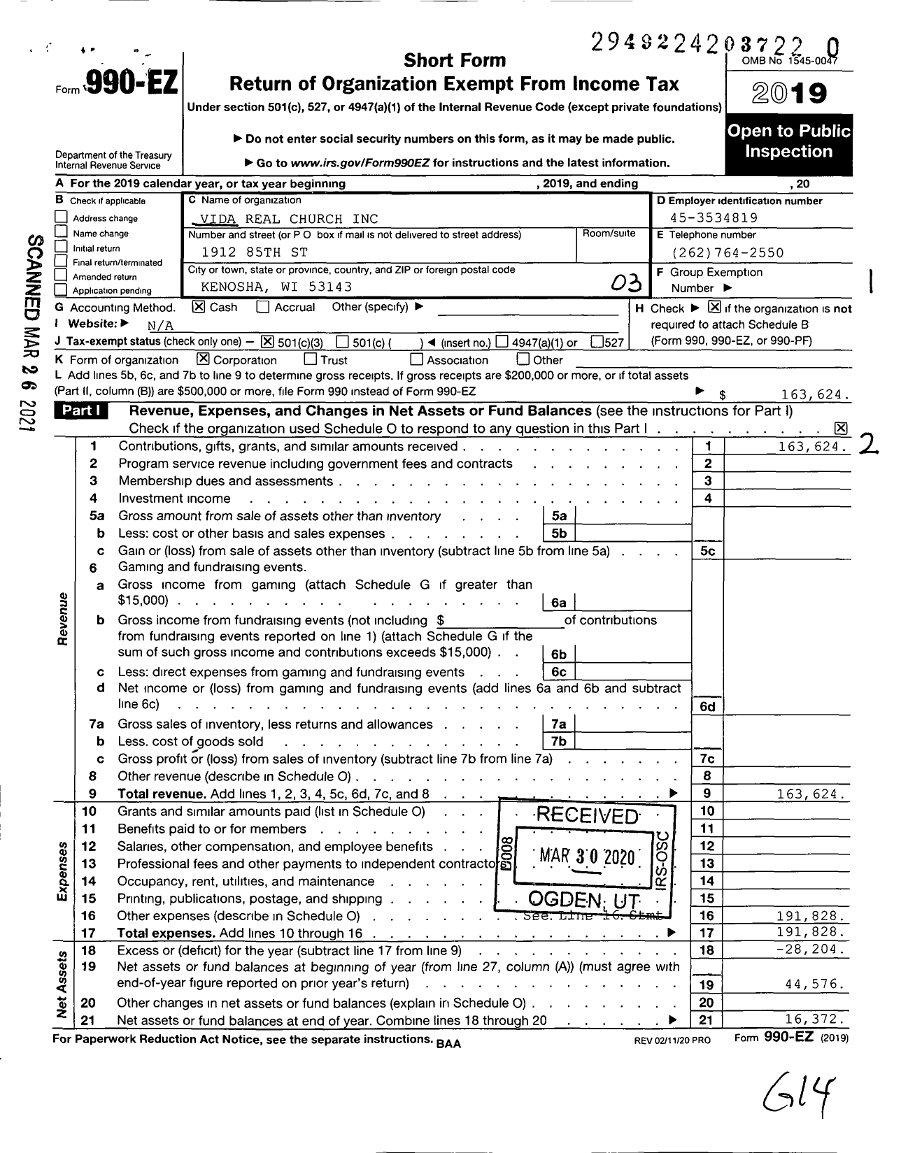 Image of first page of 2019 Form 990EZ for Vida Real Church