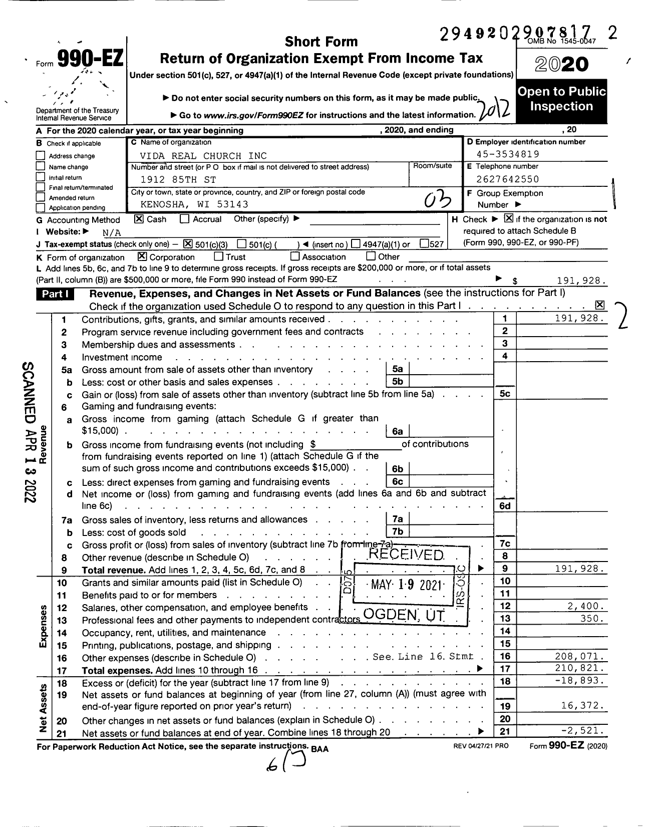 Image of first page of 2020 Form 990EZ for Vida Real Church