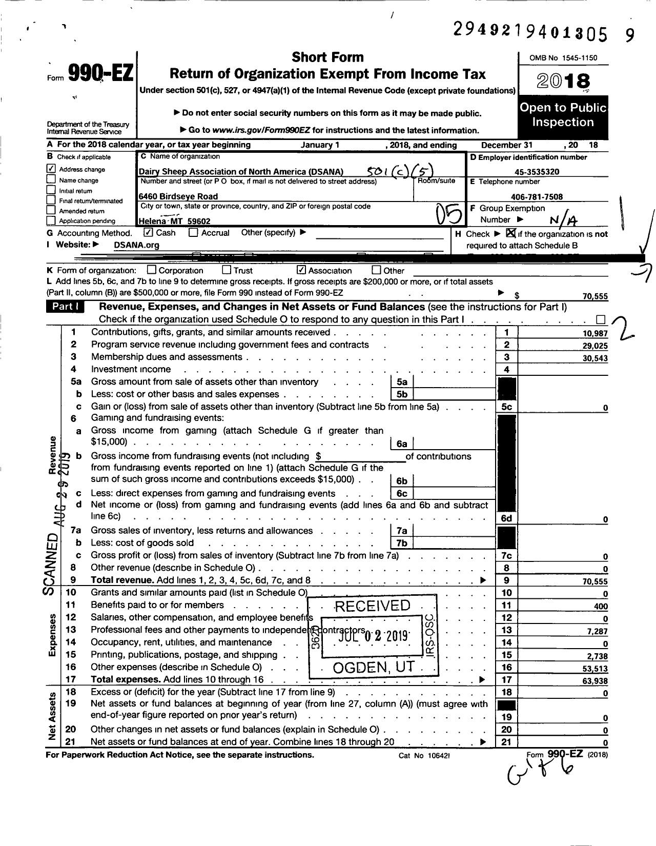 Image of first page of 2018 Form 990EO for Dairy Sheep Association of North America Dsana (DSANA)