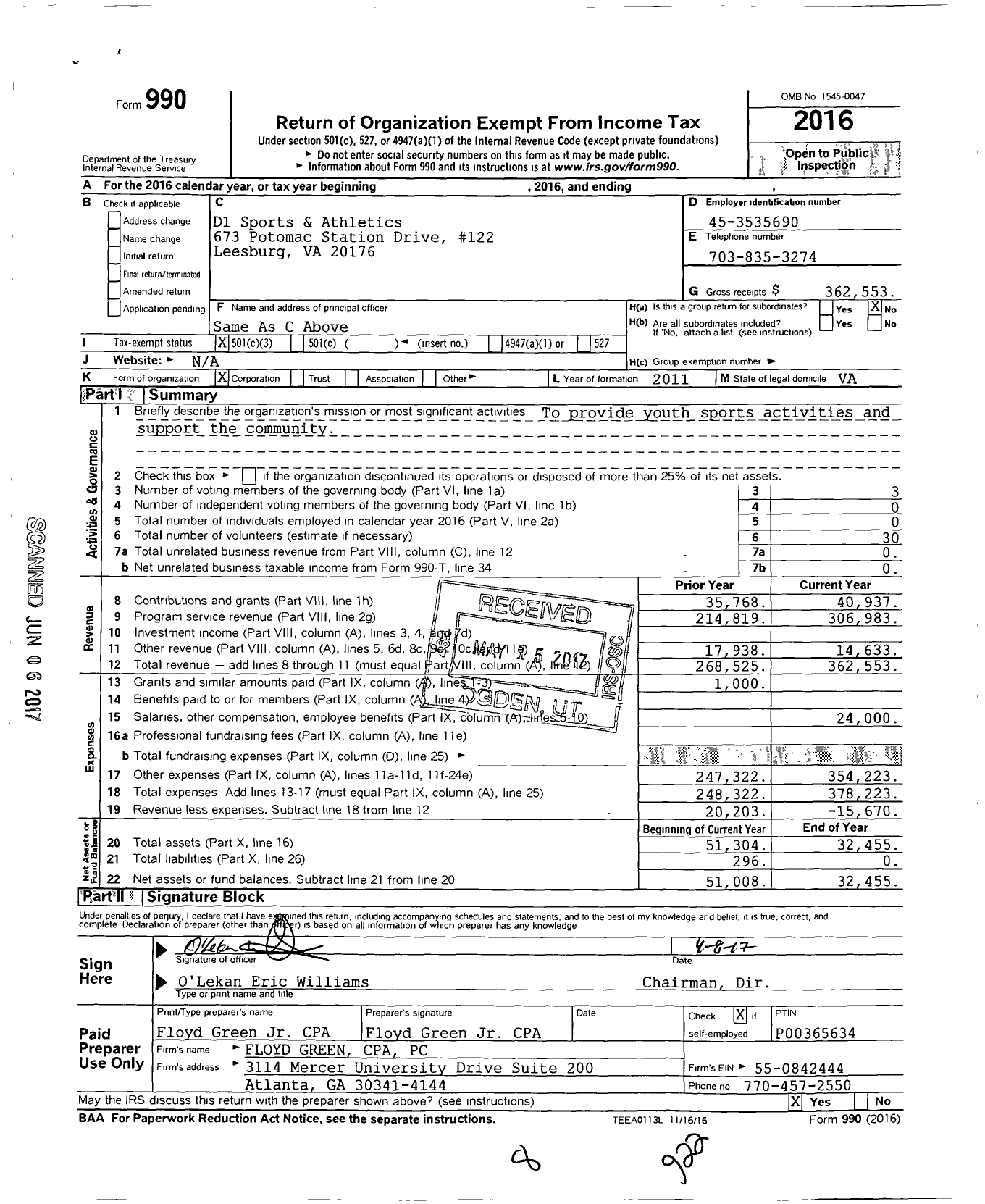 Image of first page of 2016 Form 990 for D1 Sports & Athletics