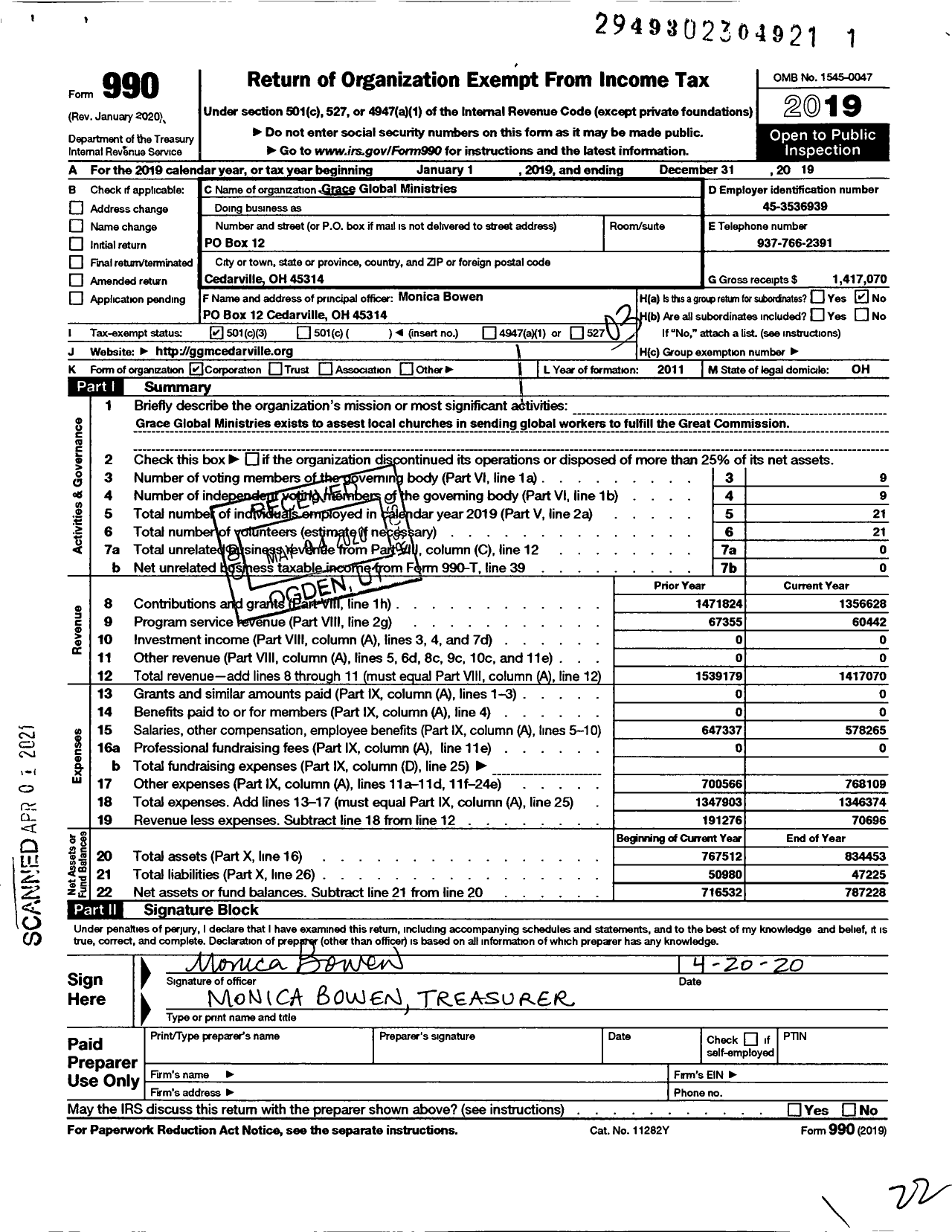 Image of first page of 2019 Form 990 for Grace Global Ministries