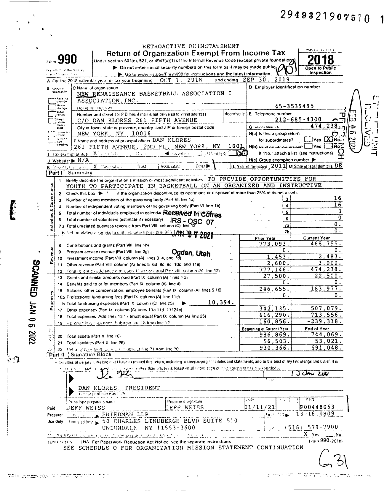 Image of first page of 2018 Form 990 for New Renaissance Basketball Association