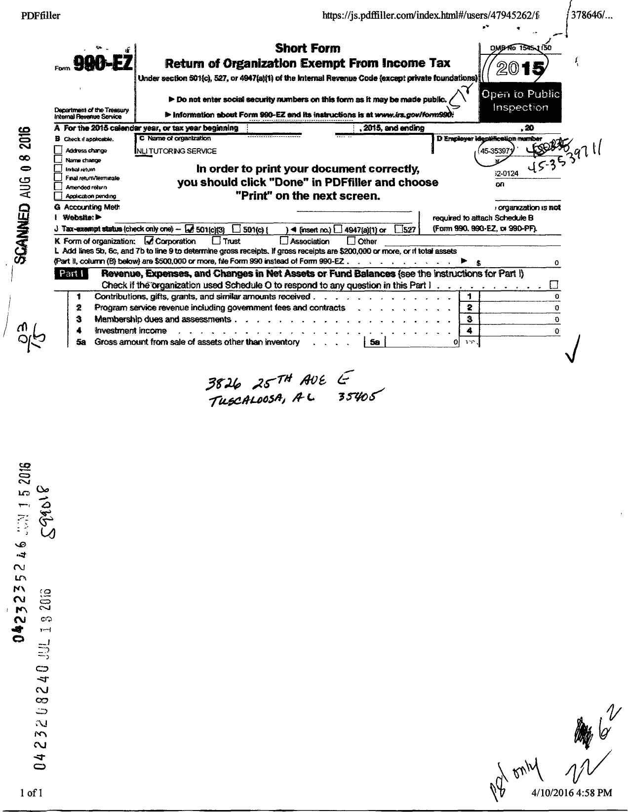 Image of first page of 2015 Form 990EZ for Nli Tutoring Service