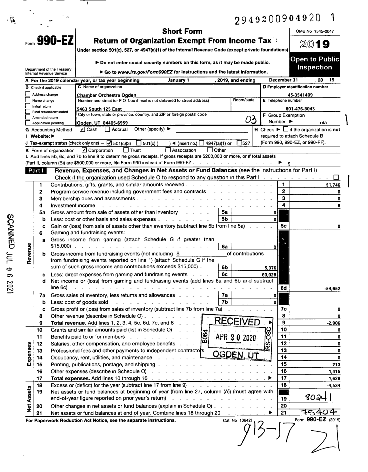 Image of first page of 2019 Form 990EZ for Chamber Orchestra Ogden