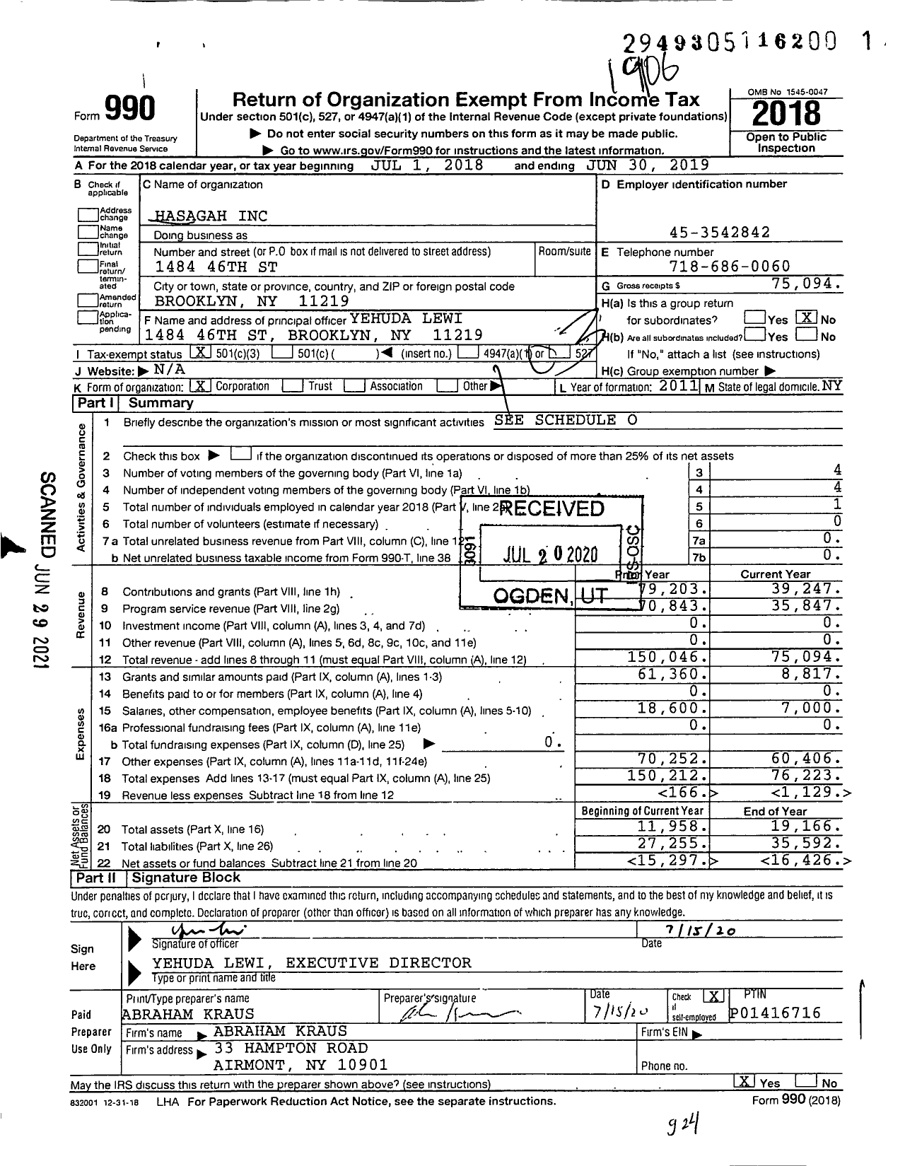 Image of first page of 2018 Form 990 for Hasagah