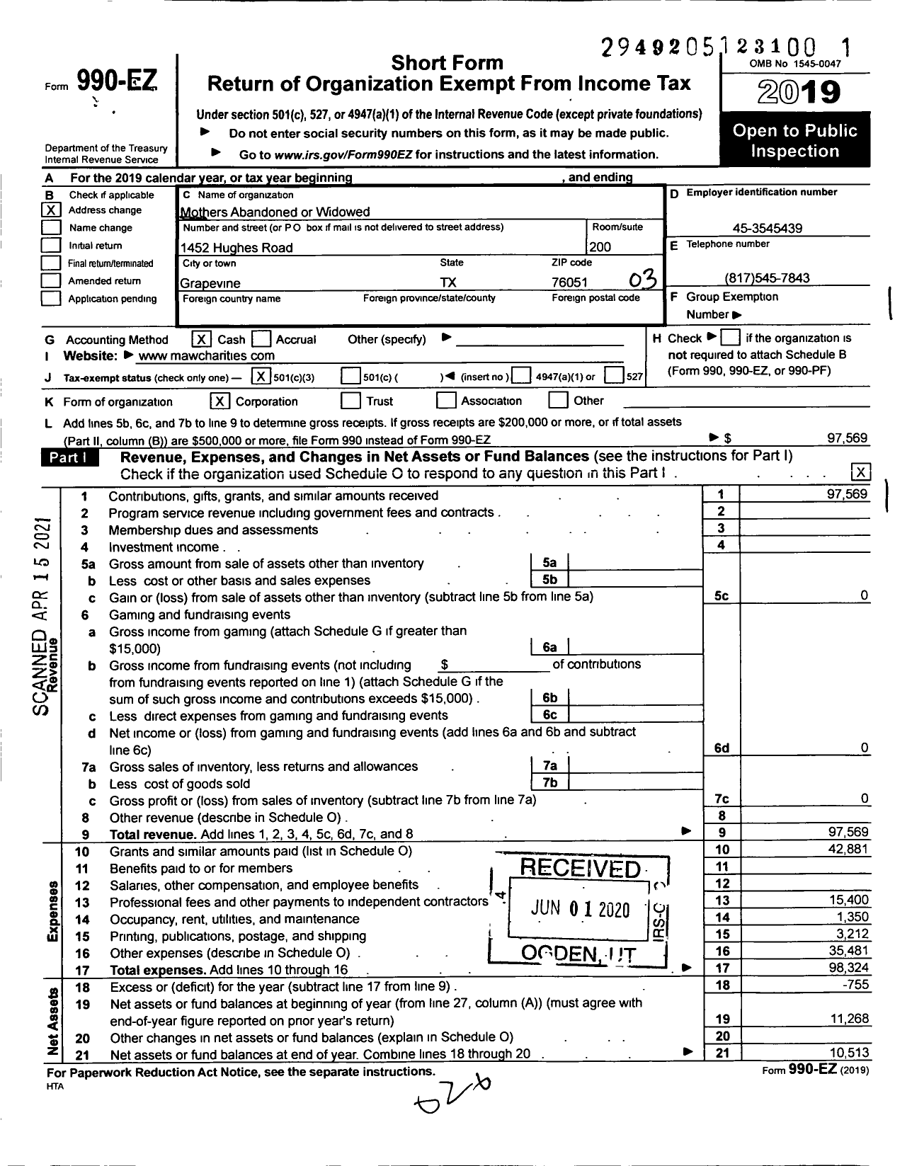 Image of first page of 2019 Form 990EZ for Mothers Abandoned or Widowed