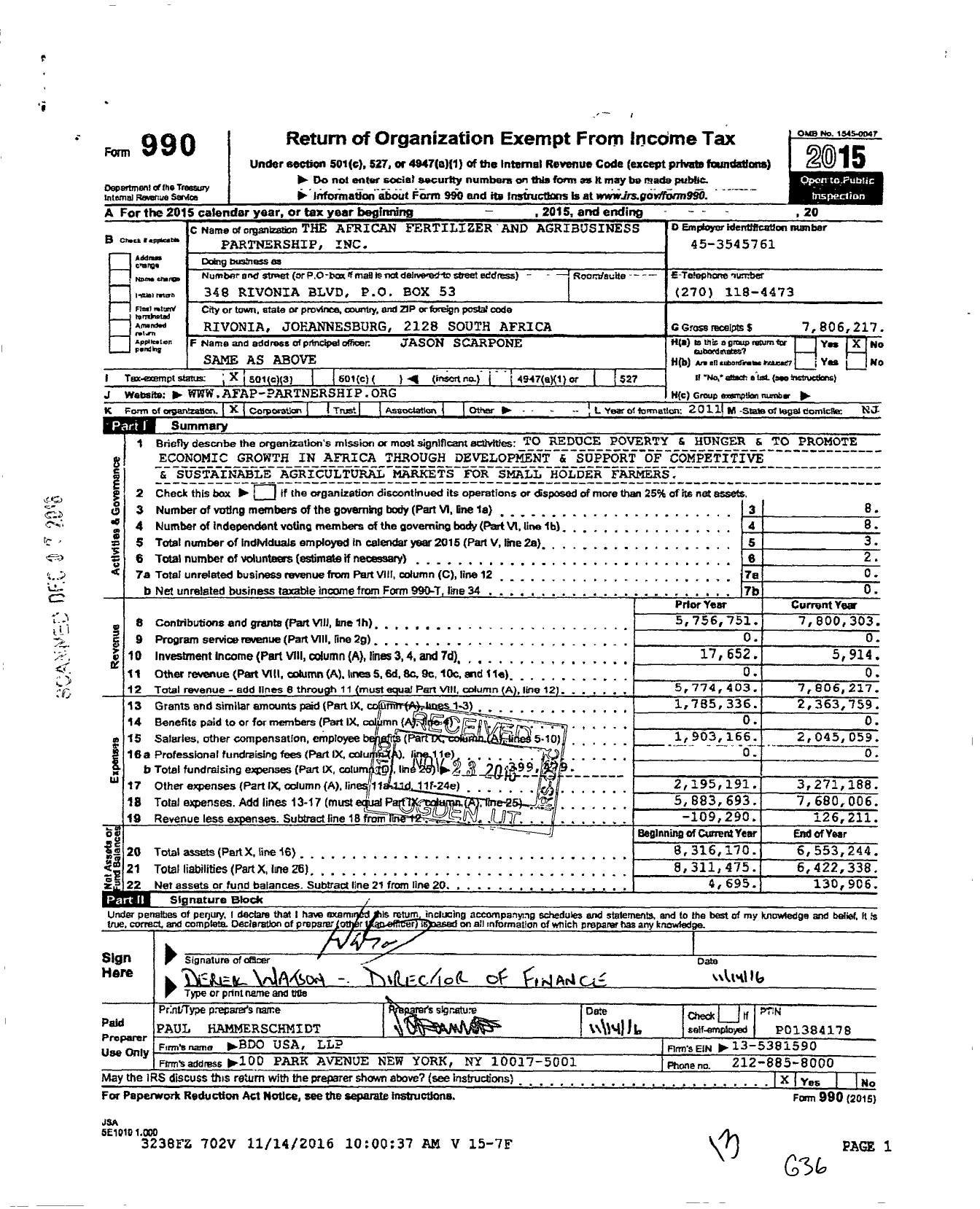 Image of first page of 2015 Form 990 for African Fertilizer and Agribusiness Partnership (AFAP)