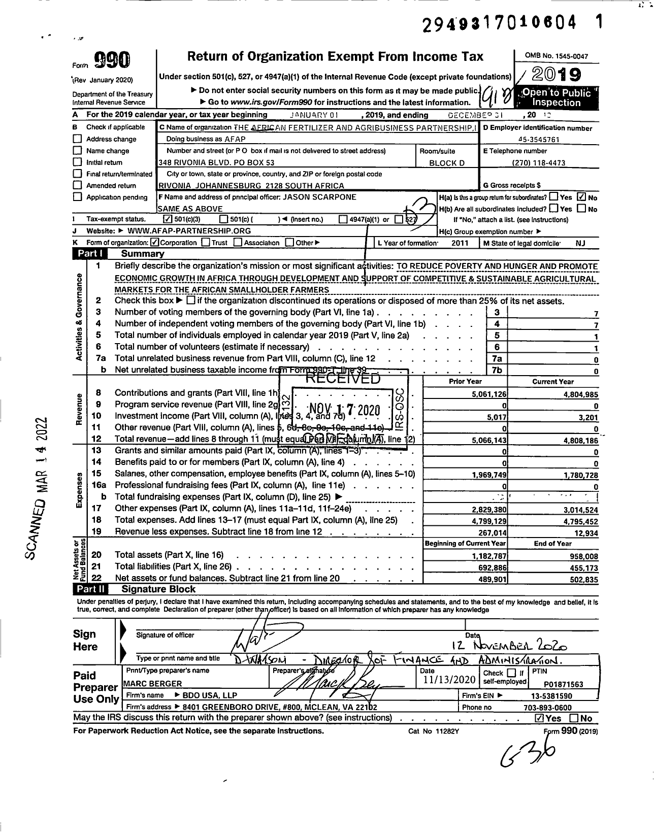 Image of first page of 2019 Form 990 for African Fertilizer and Agribusiness Partnership (AFAP)