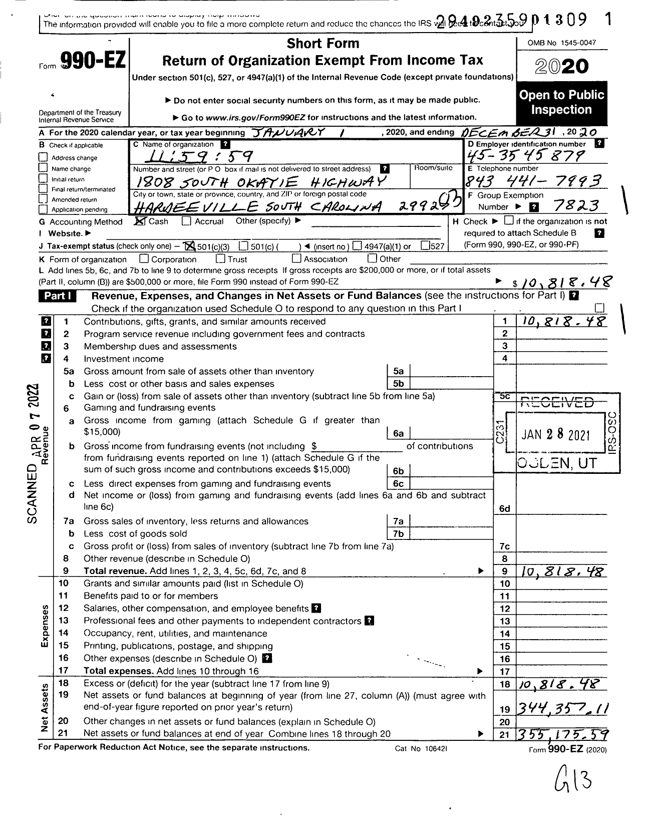 Image of first page of 2020 Form 990EZ for 115959