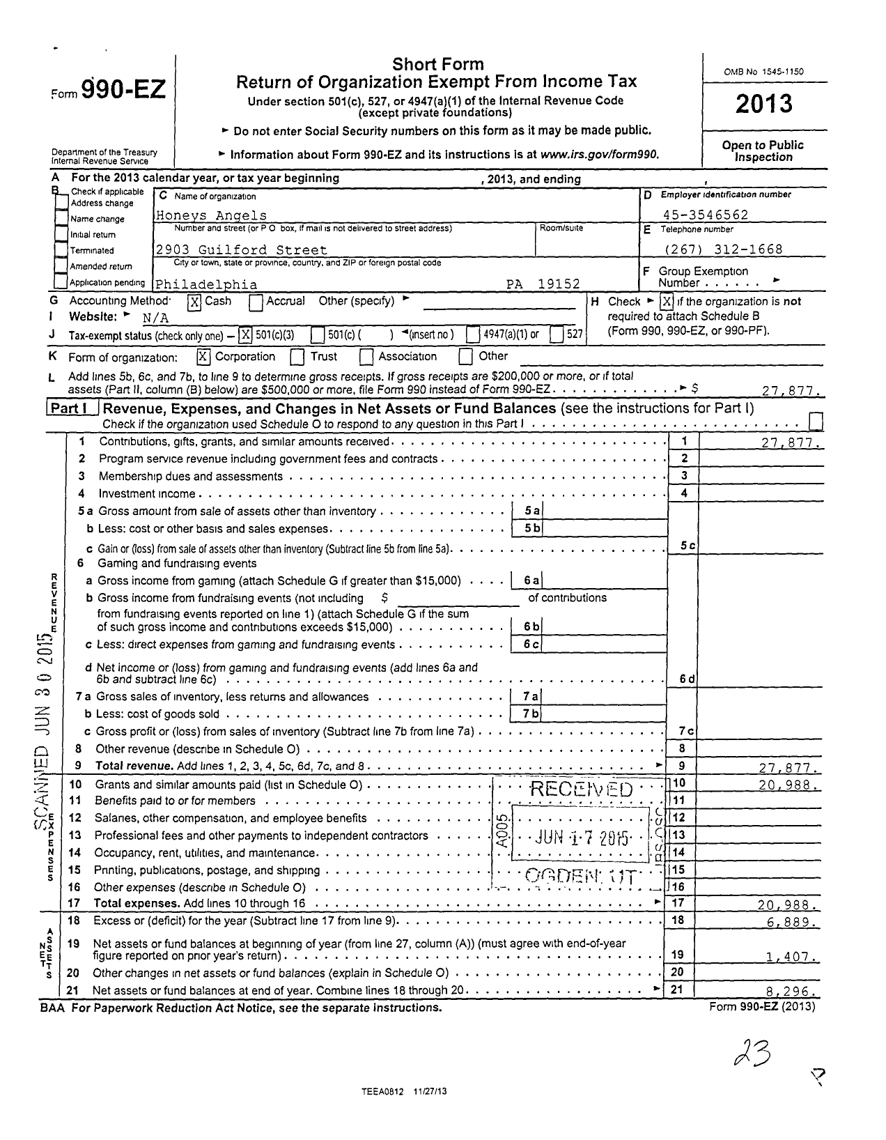 Image of first page of 2013 Form 990EZ for Honeys Angels