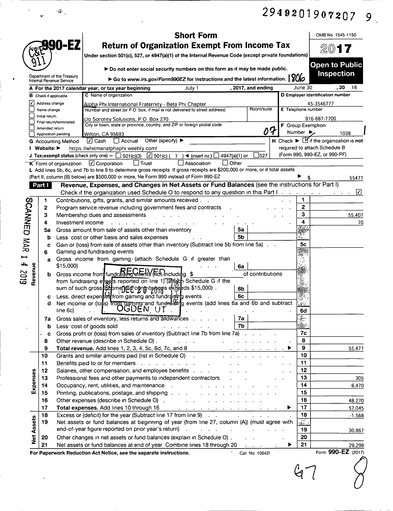 Image of first page of 2017 Form 990EO for Alpha Phi - Beta Phi Chapter of Alpha Phi