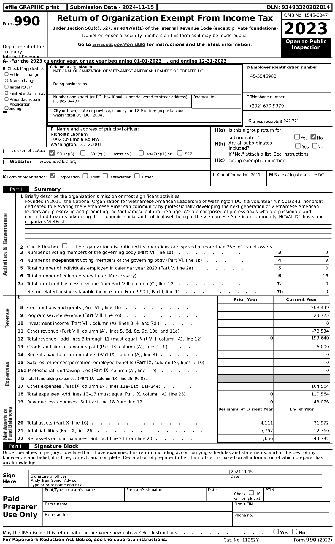 Image of first page of 2023 Form 990 for National Organization of Vietnamese American Leaders of Greater DC