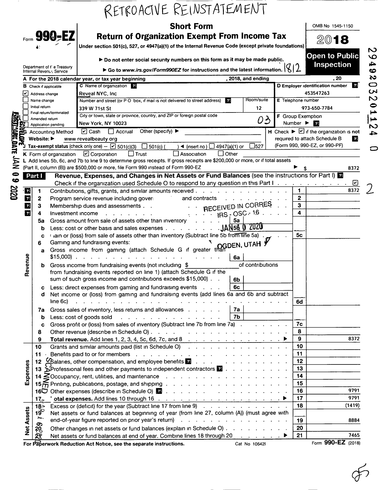 Image of first page of 2018 Form 990EZ for Reveal NYC