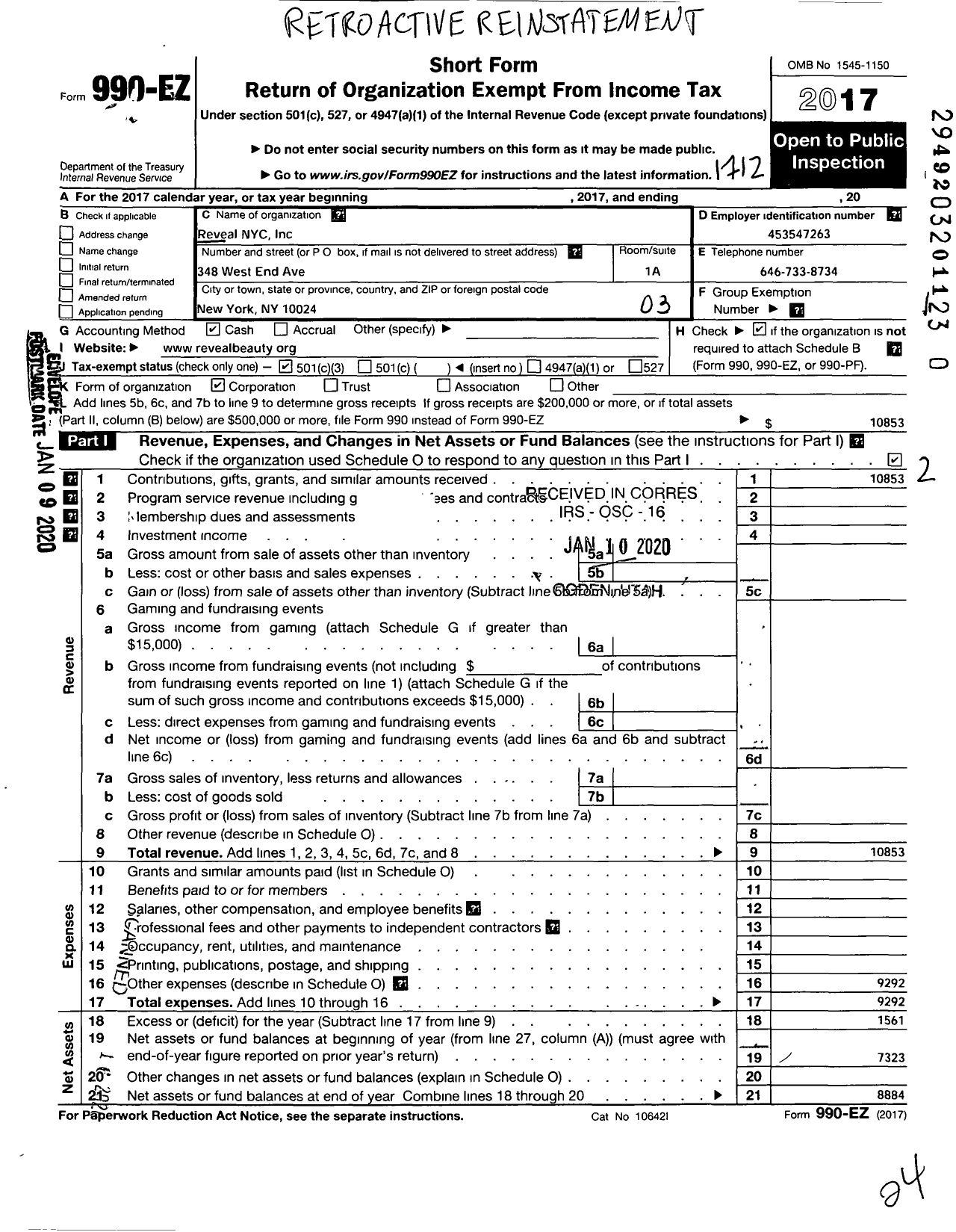 Image of first page of 2017 Form 990EZ for Reveal NYC