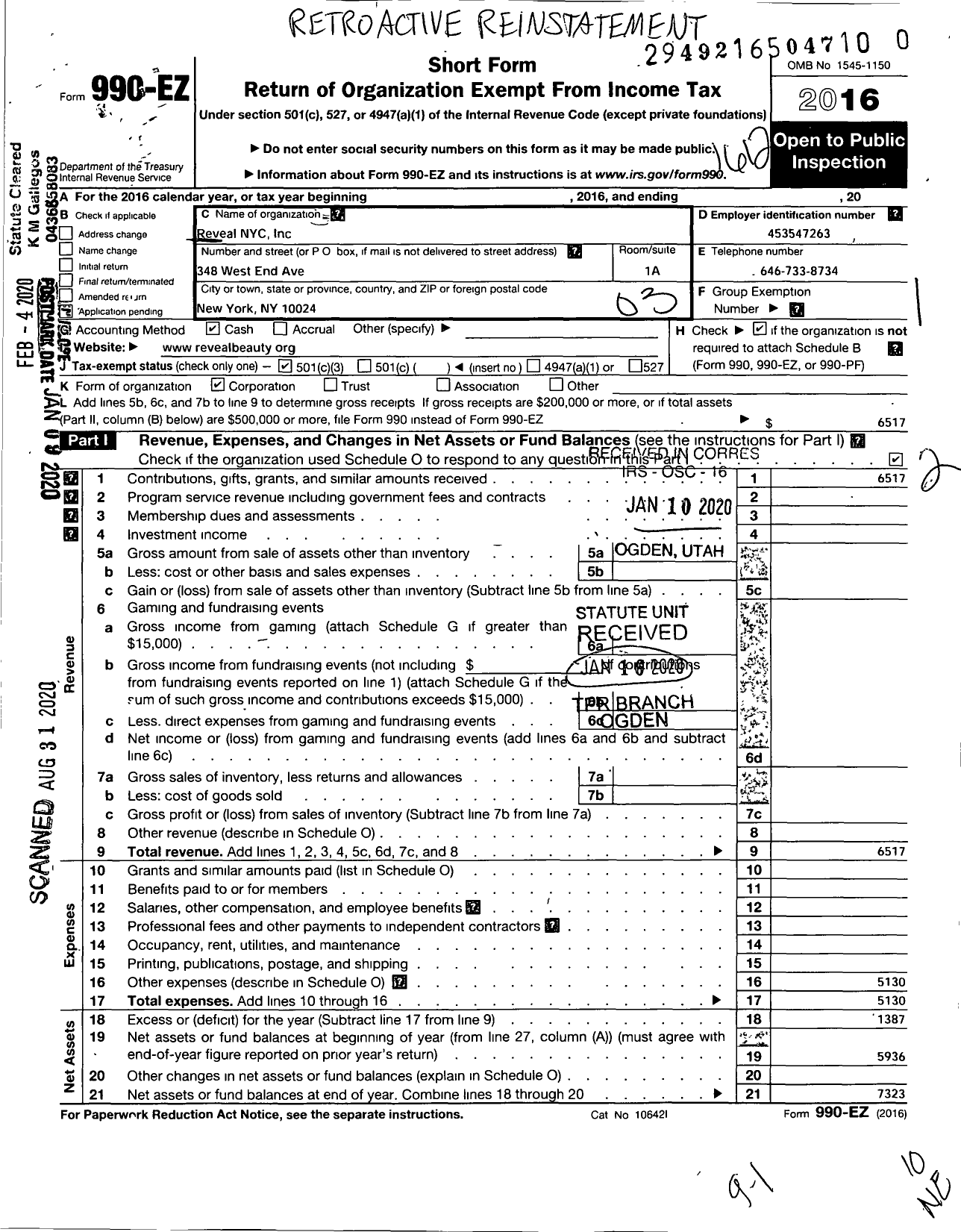 Image of first page of 2016 Form 990EZ for Reveal NYC