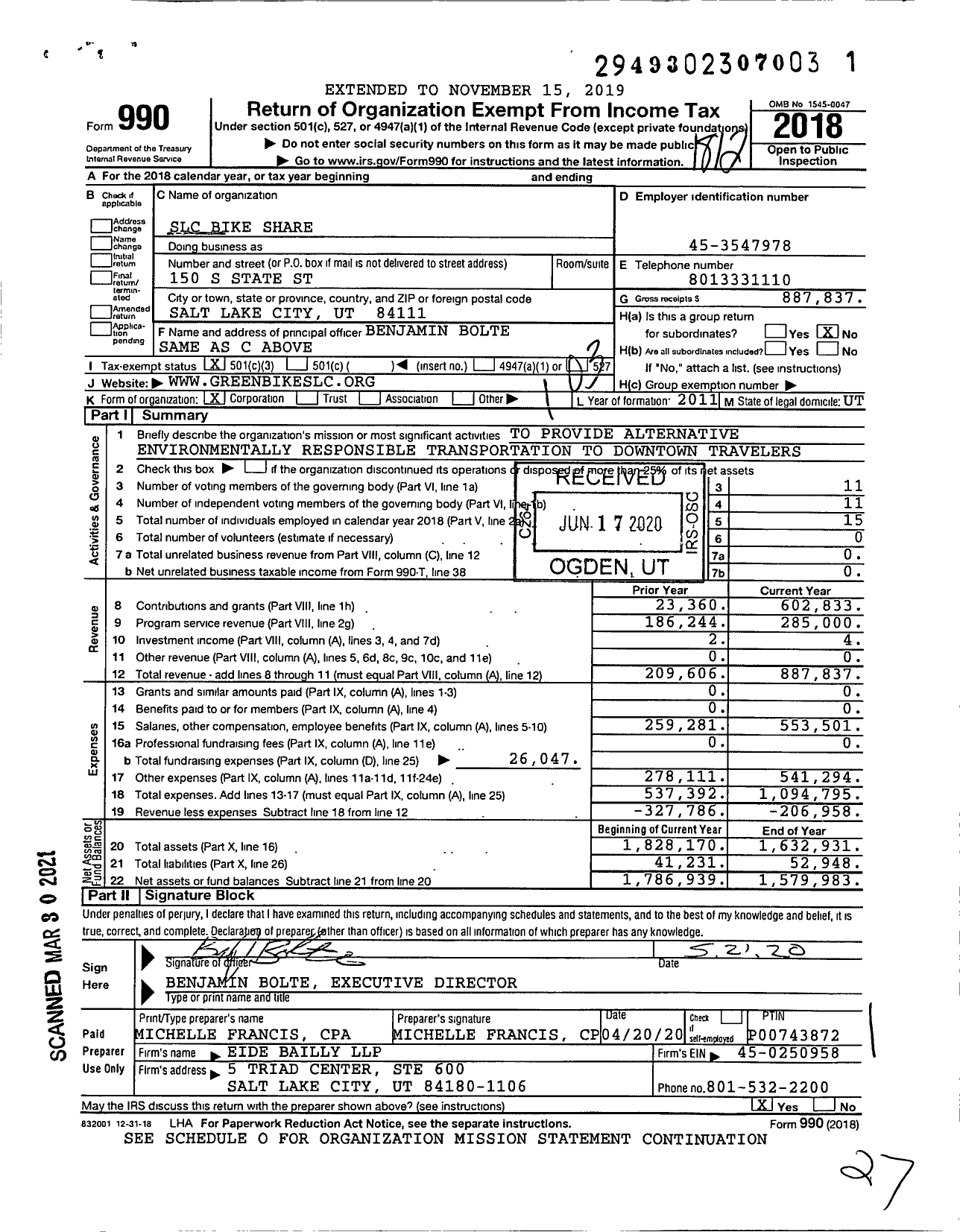 Image of first page of 2018 Form 990 for SLC Bike Share