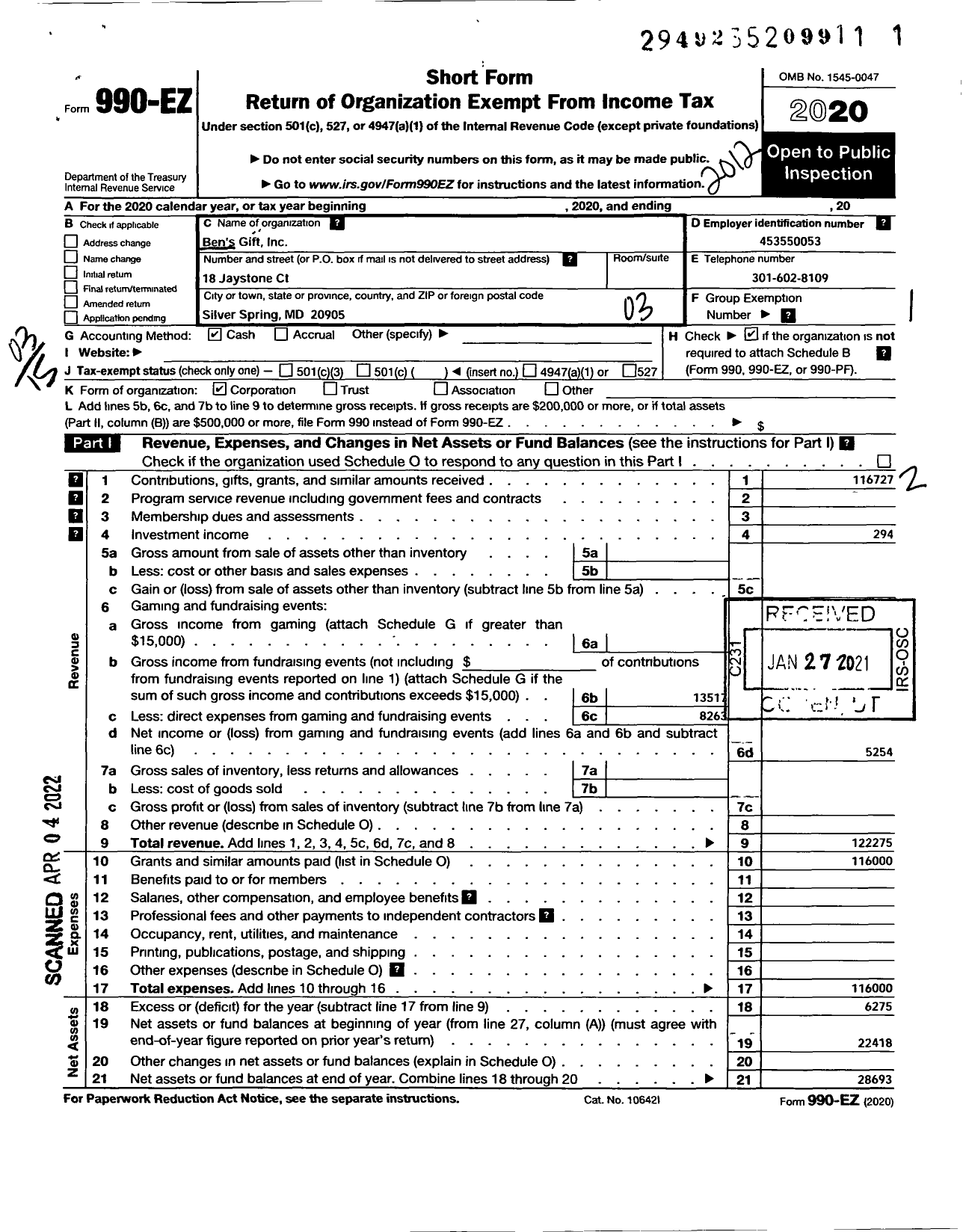 Image of first page of 2020 Form 990EZ for Bens Gift