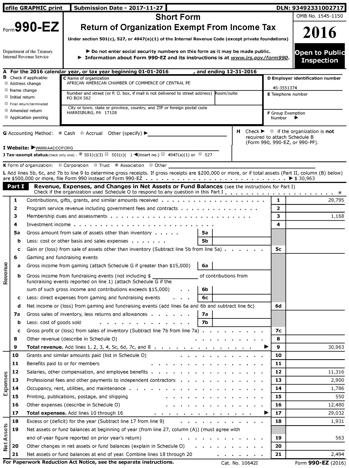 Image of first page of 2016 Form 990EZ for African American Chamber of Commerce of Central Pe