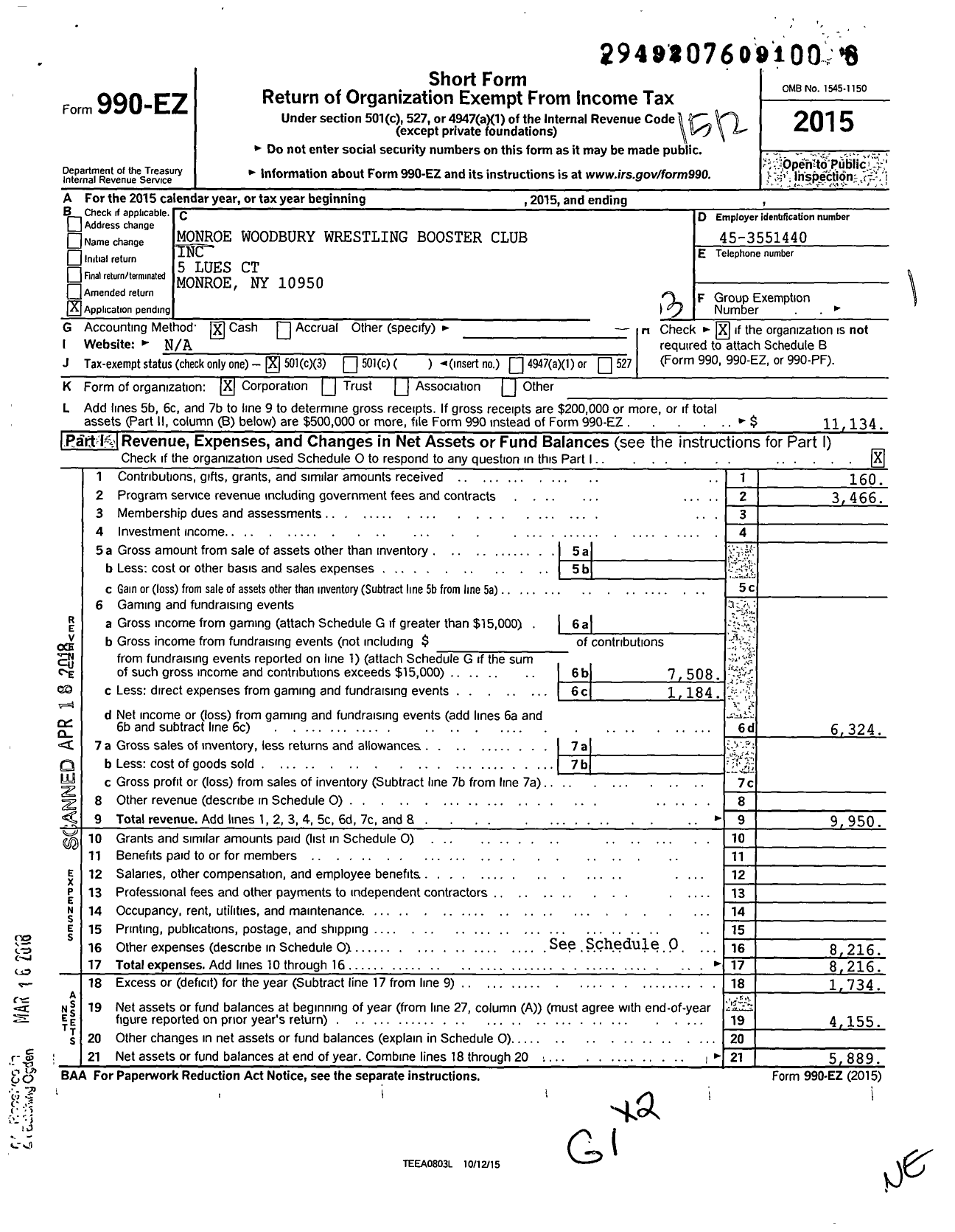 Image of first page of 2015 Form 990EZ for Monroe Woodbury Wrestling Booster Club