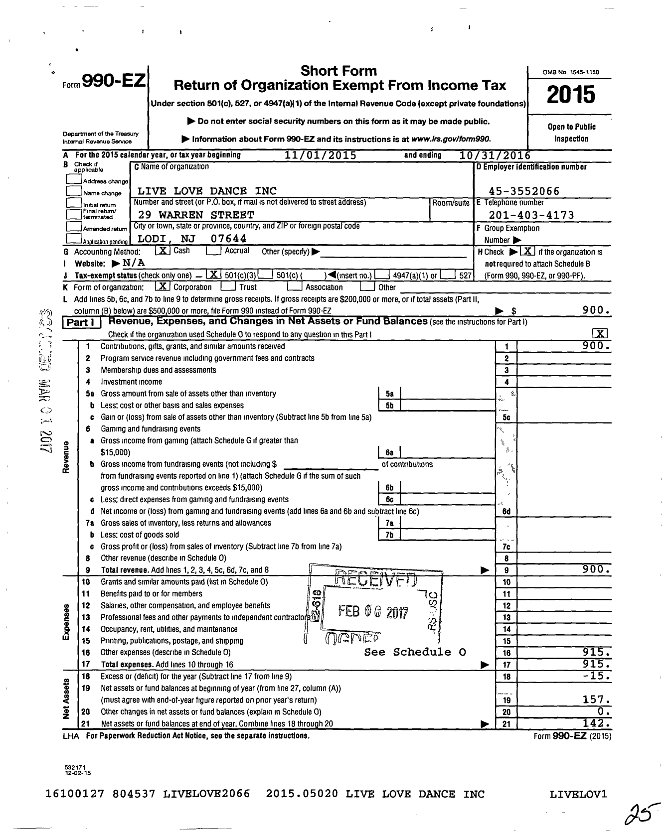 Image of first page of 2015 Form 990EZ for Live Love Dance