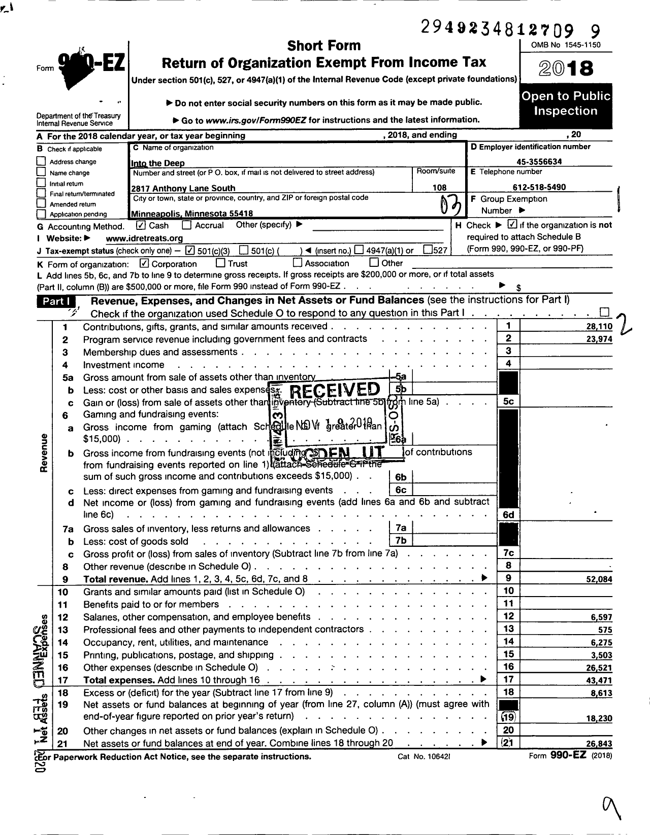 Image of first page of 2018 Form 990EZ for Into the Deep