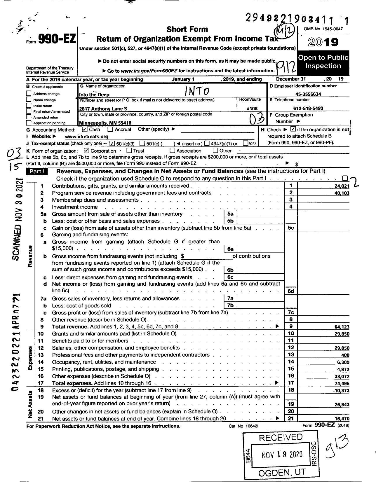 Image of first page of 2019 Form 990EZ for Into the Deep