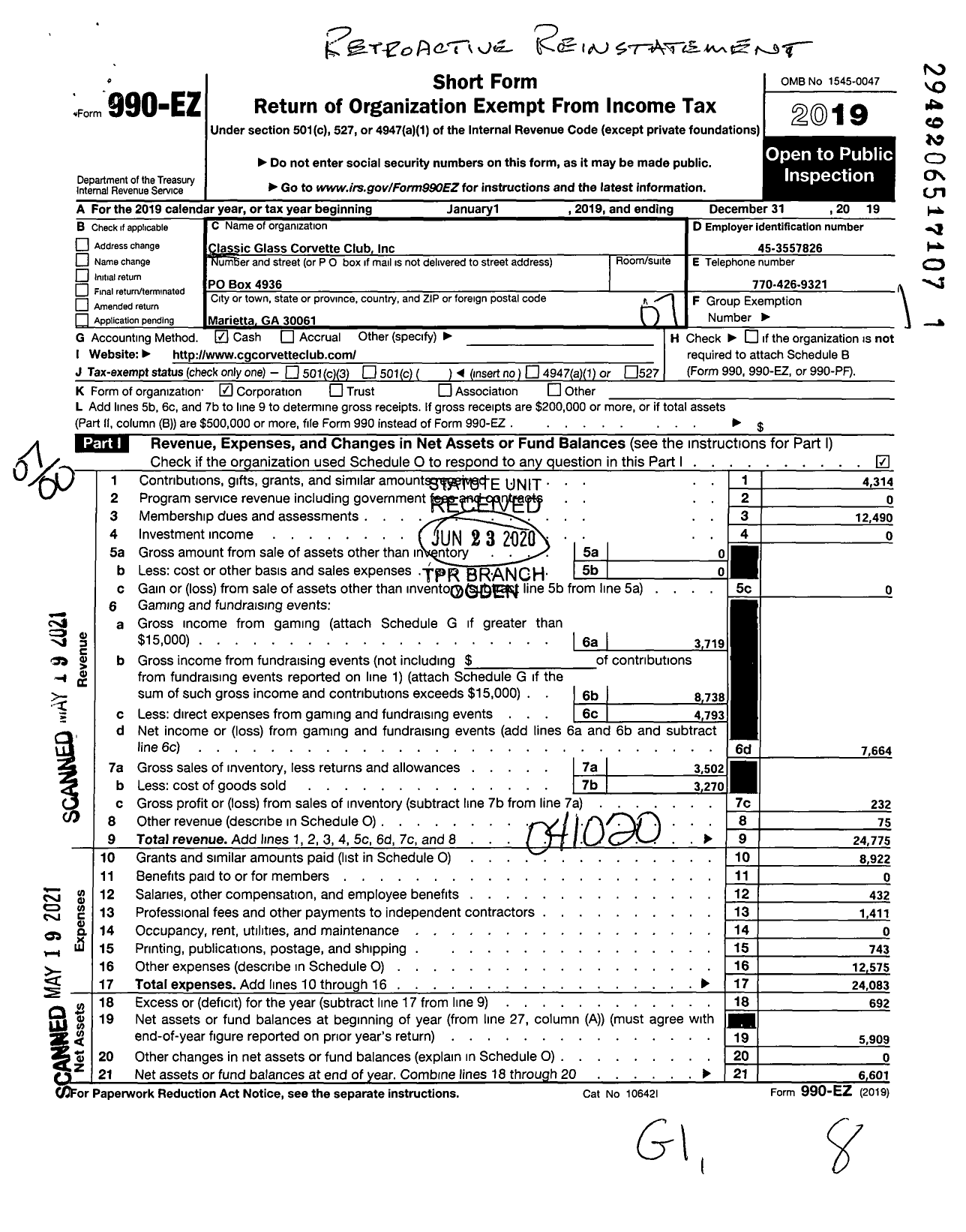 Image of first page of 2019 Form 990EO for Classic Glass Corvette Club