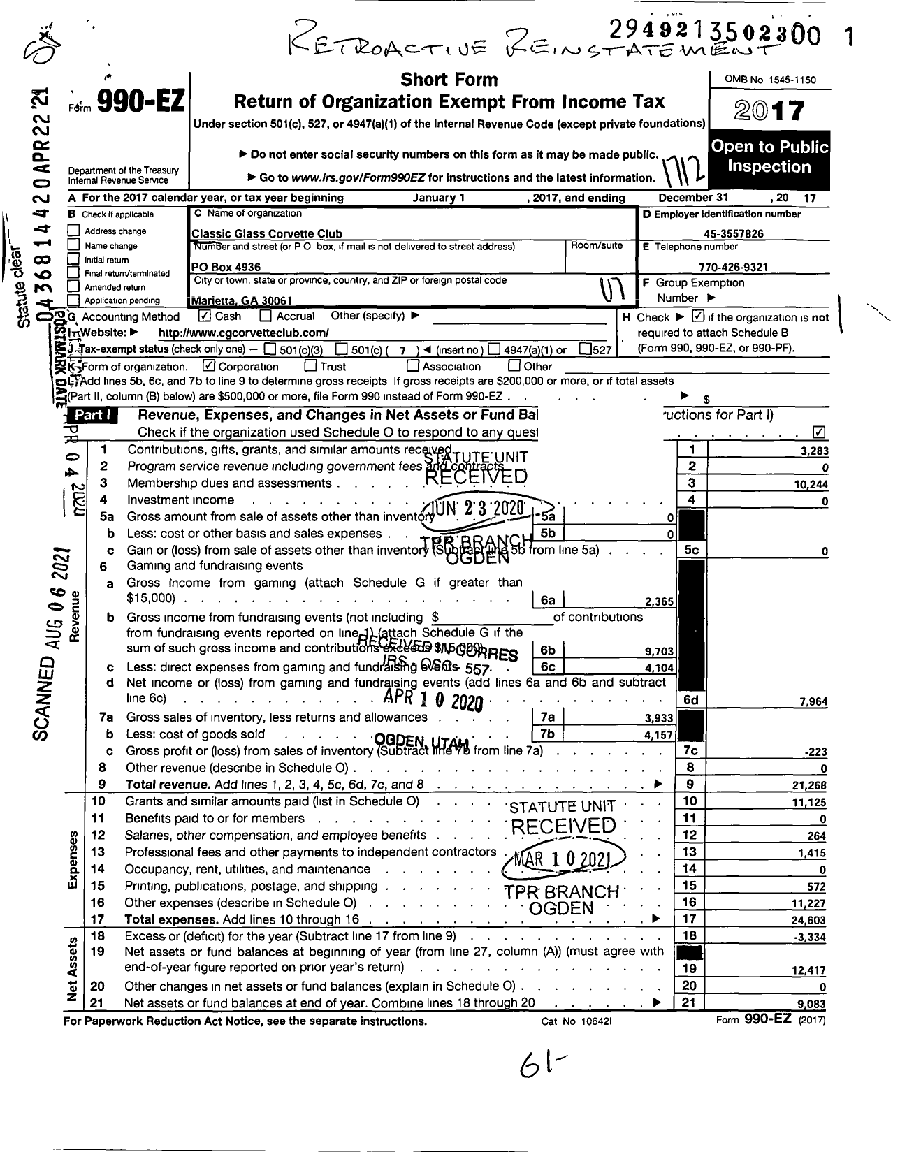 Image of first page of 2017 Form 990EO for Classic Glass Corvette Club