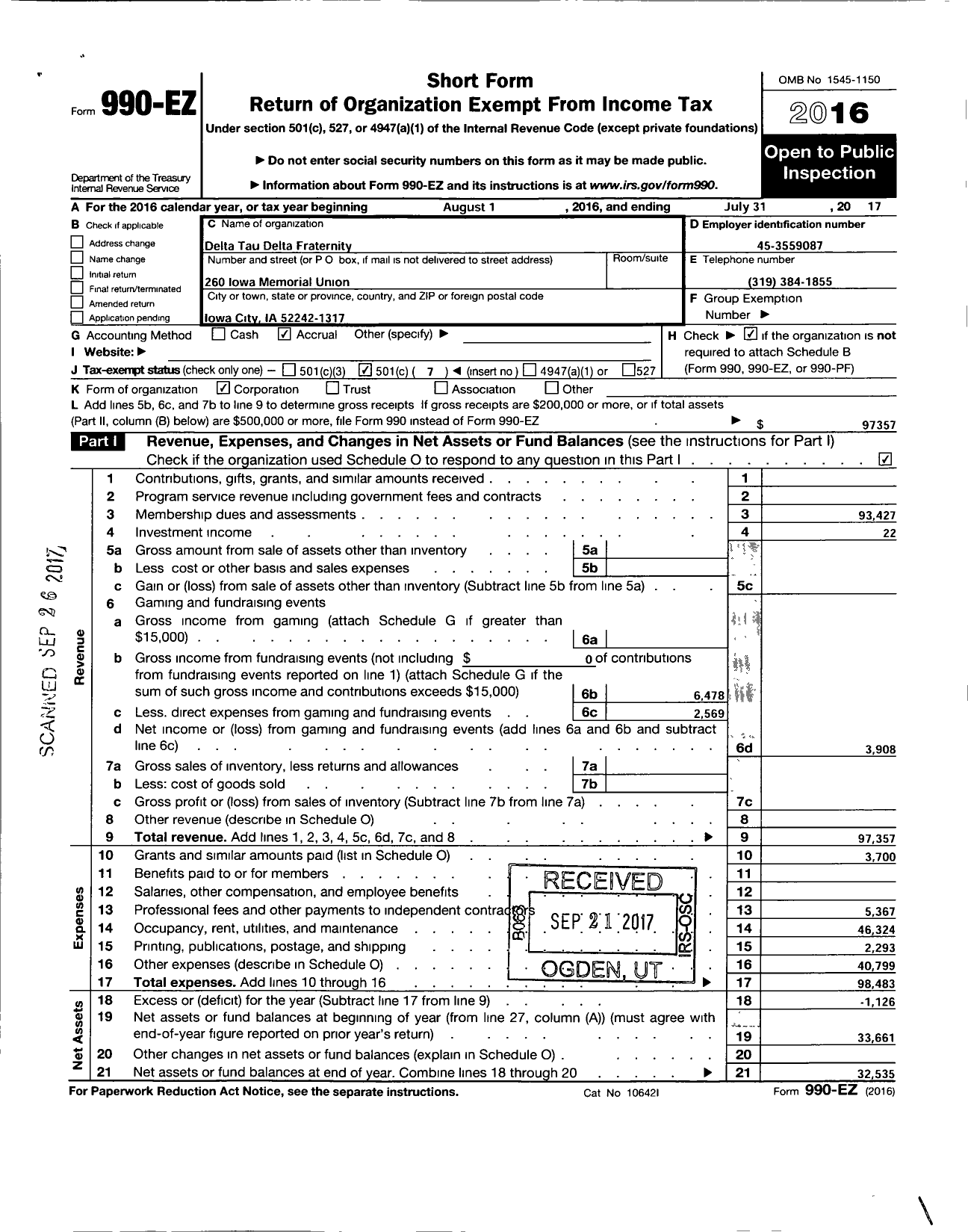 Image of first page of 2016 Form 990EO for Delta Tau Delta Fraternity - Omicron Chapter