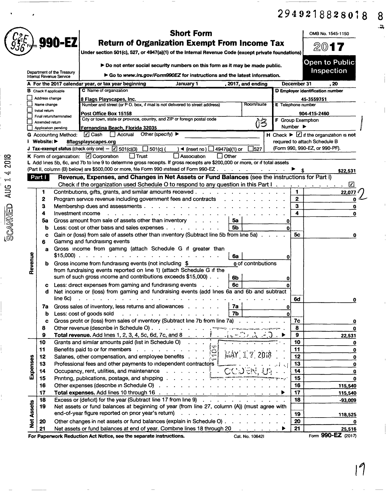 Image of first page of 2017 Form 990EZ for 8 Flags Playscapes