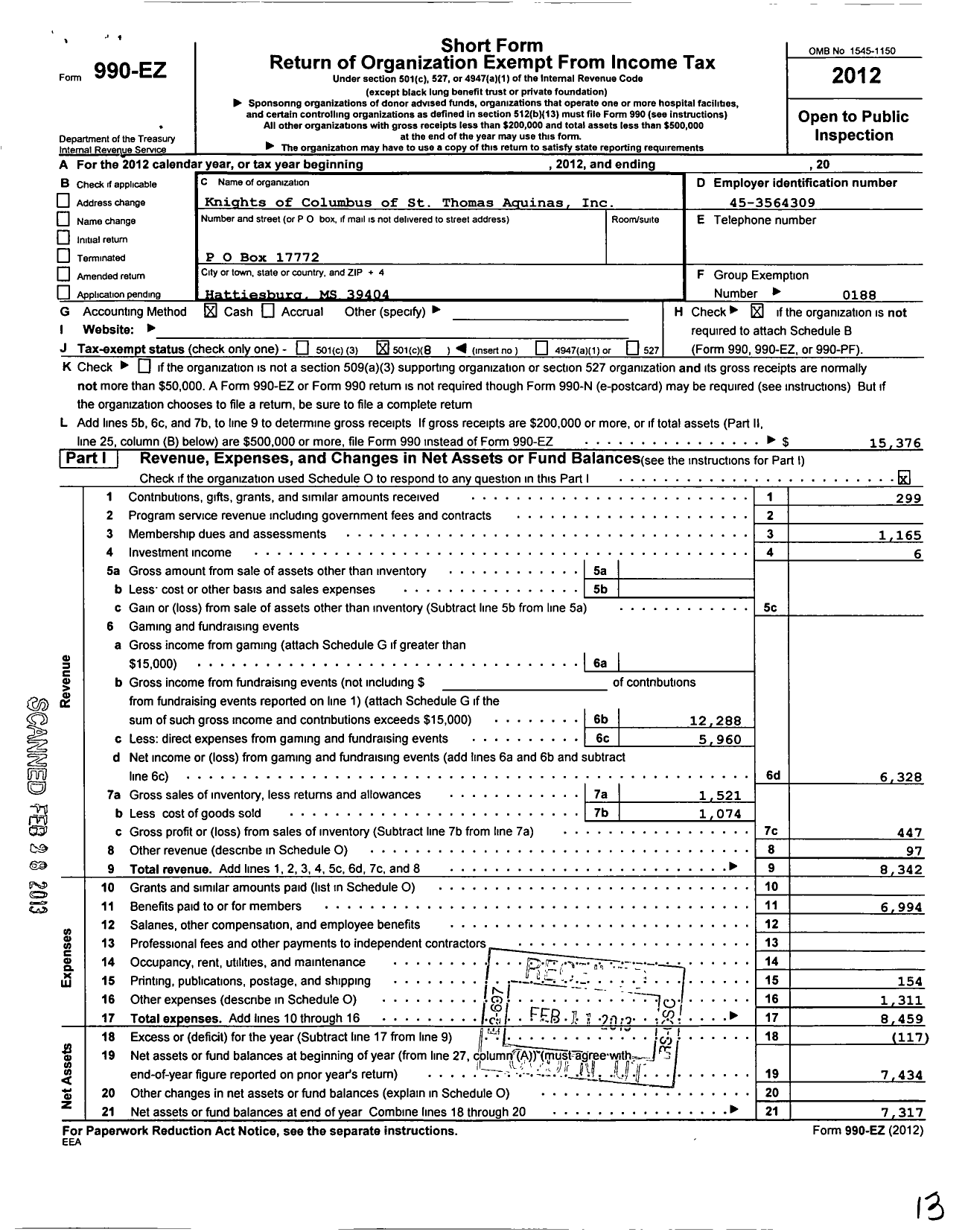 Image of first page of 2012 Form 990EO for Knights of Columbus - 15382 St Thomas Aquinas Council